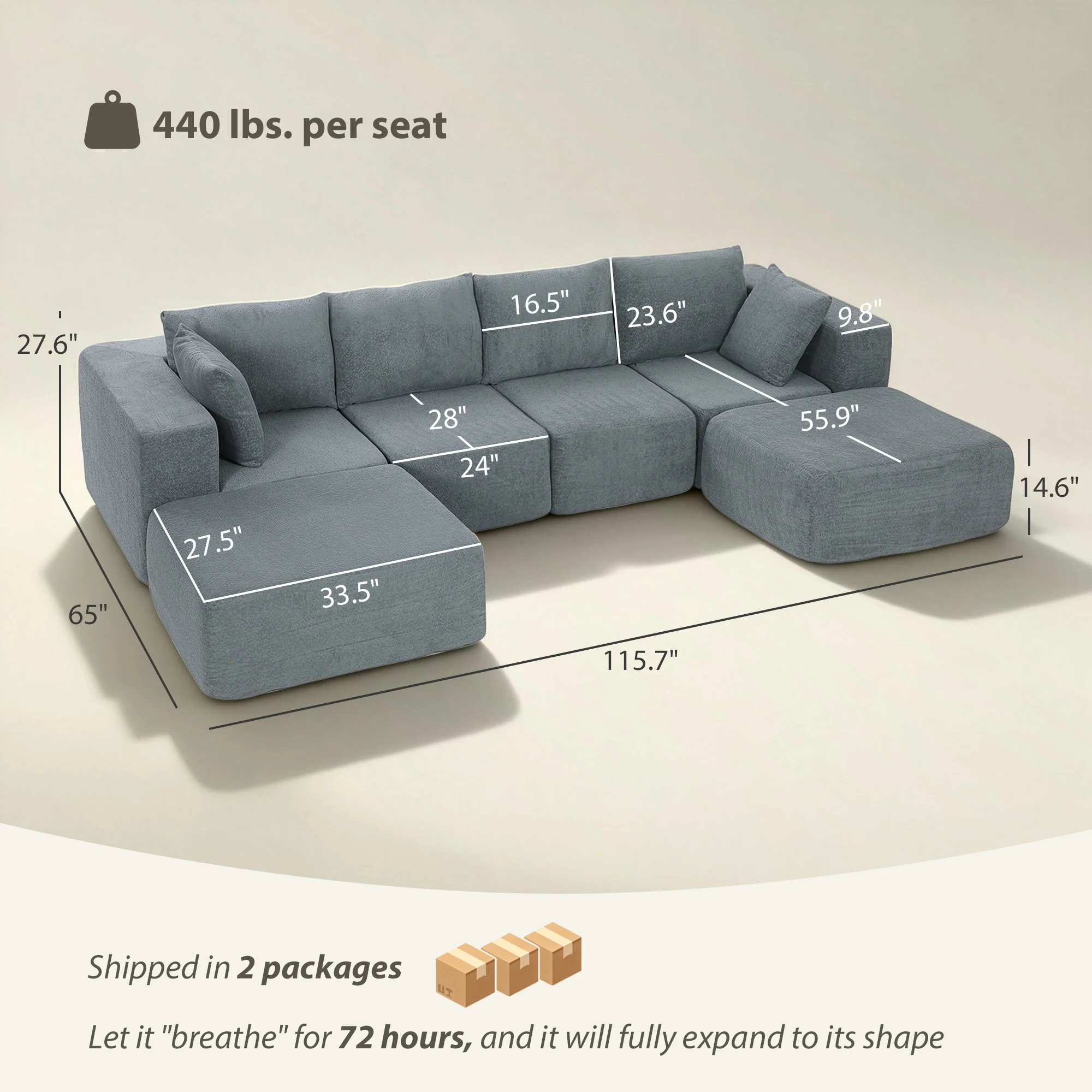 116" Modular U-Shape Sectional Sofa, 4 Seat Boneless Sectional Couch with Ottomans, Dark Gray - Image 5