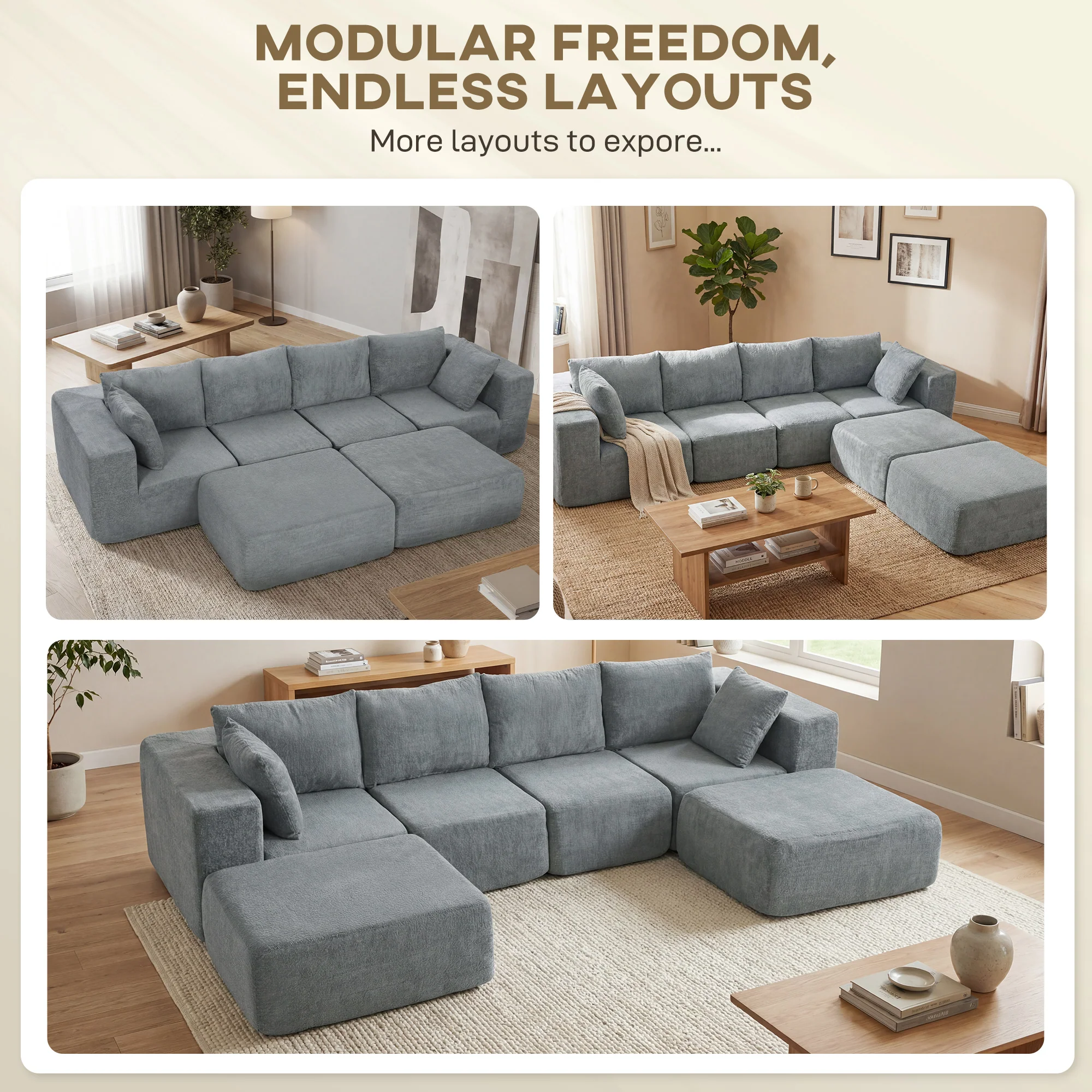 116" Modular U-Shape Sectional Sofa, 4 Seat Boneless Sectional Couch with Ottomans, Dark Gray - Image 6
