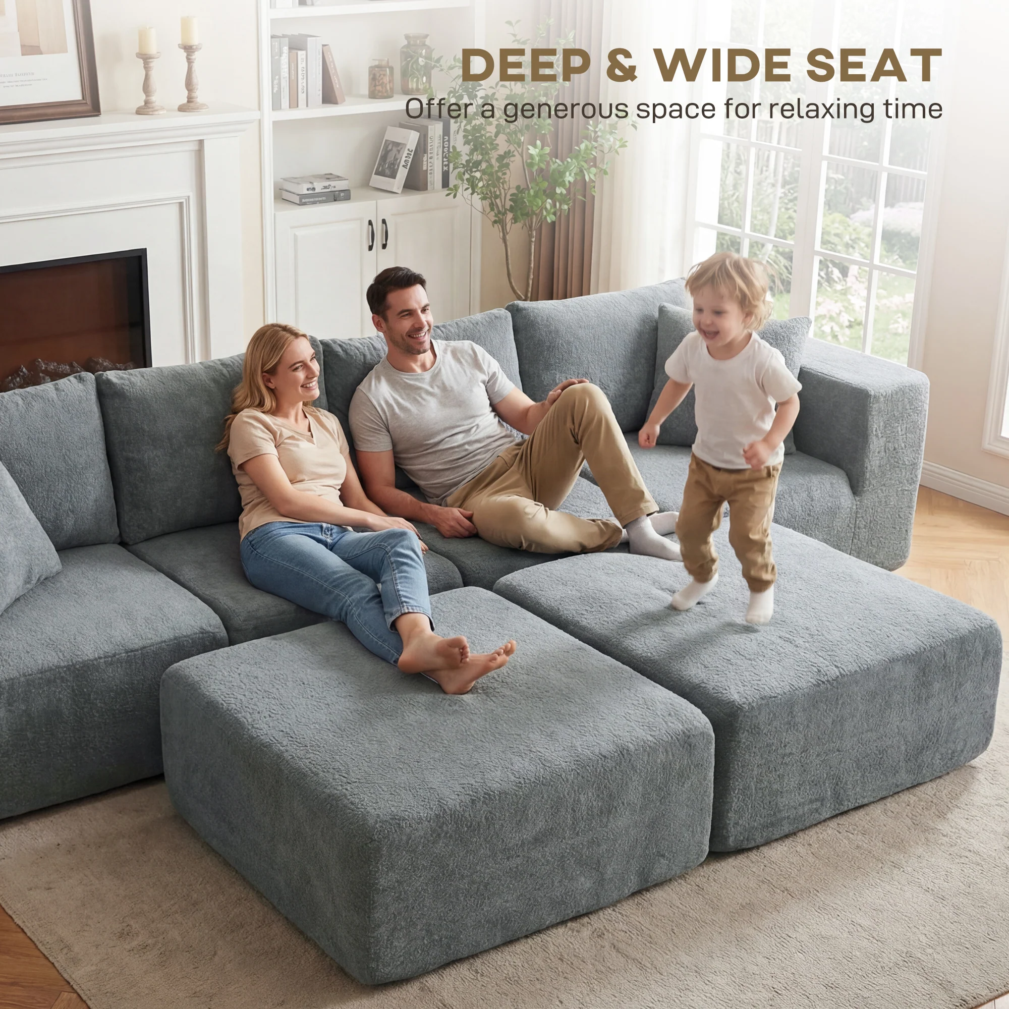 116" Modular U-Shape Sectional Sofa, 4 Seat Boneless Sectional Couch with Ottomans, Dark Gray - Image 8