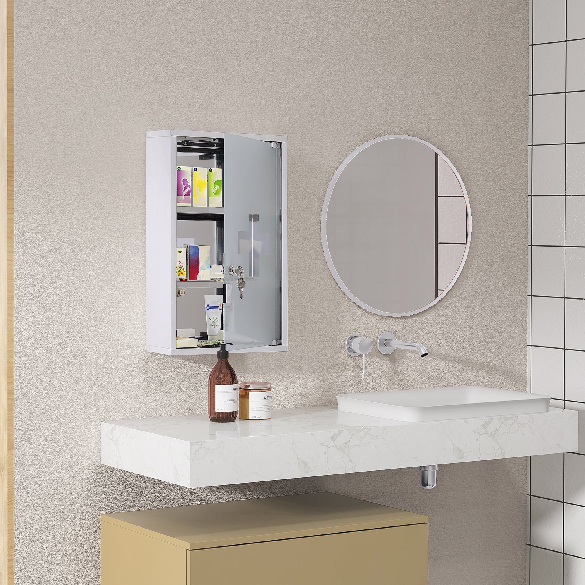 12" x 20" Stainless Steel Lockable Medicine Cabinet with 2 Keys and Shelves for Bathroom - Image 3