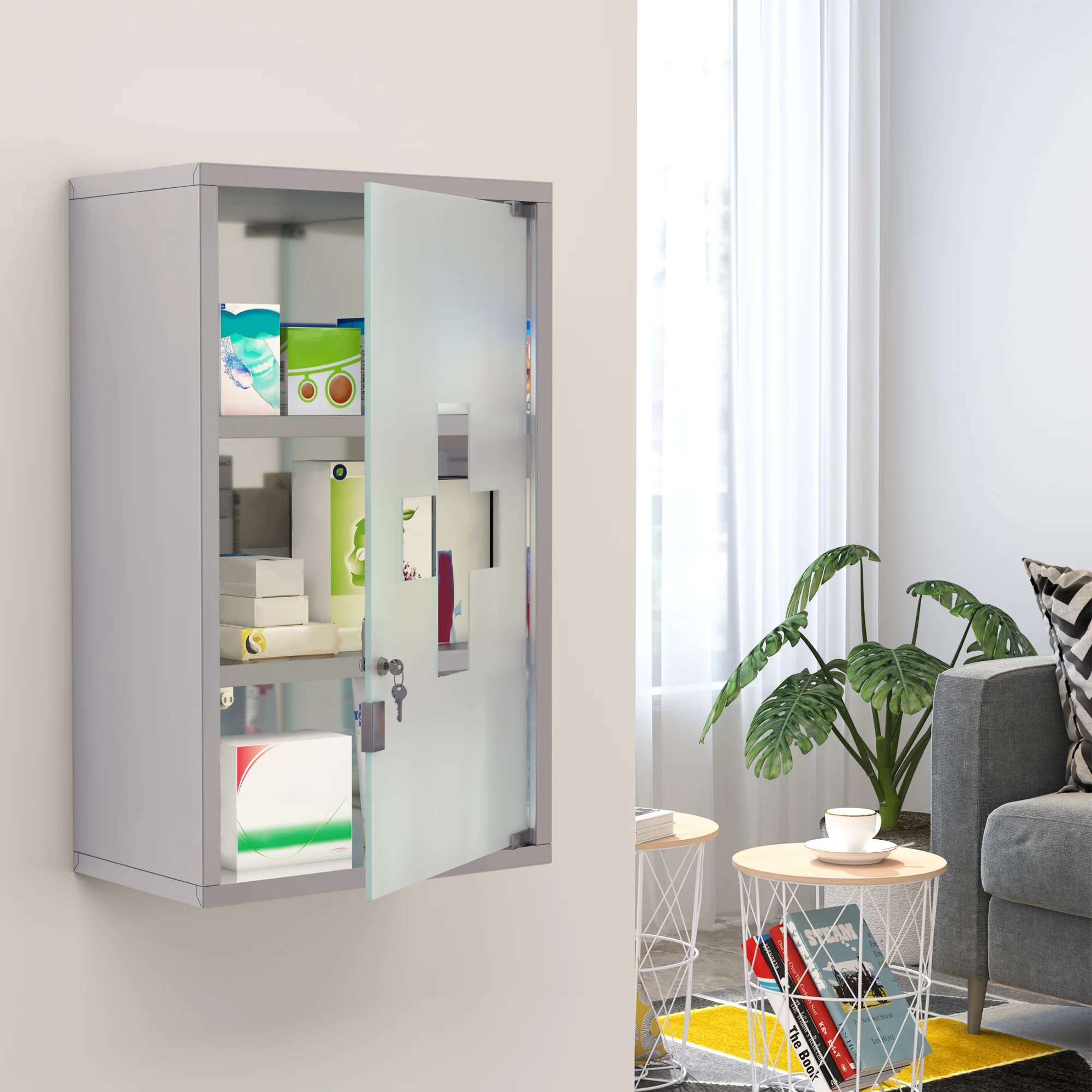 12" x 20" Stainless Steel Lockable Medicine Cabinet with 2 Keys and Shelves for Bathroom - Image 4