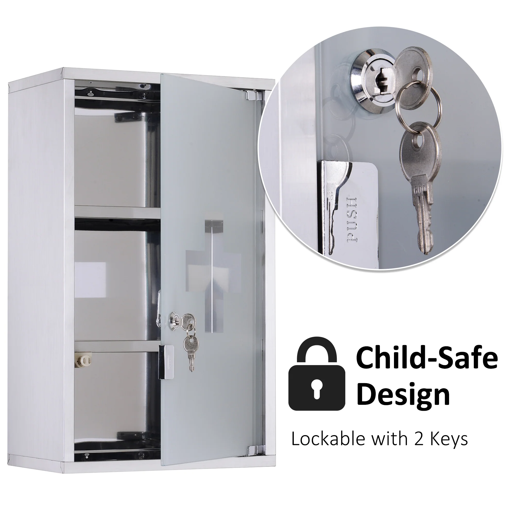 12" x 20" Stainless Steel Lockable Medicine Cabinet with 2 Keys and Shelves for Bathroom - Image 6