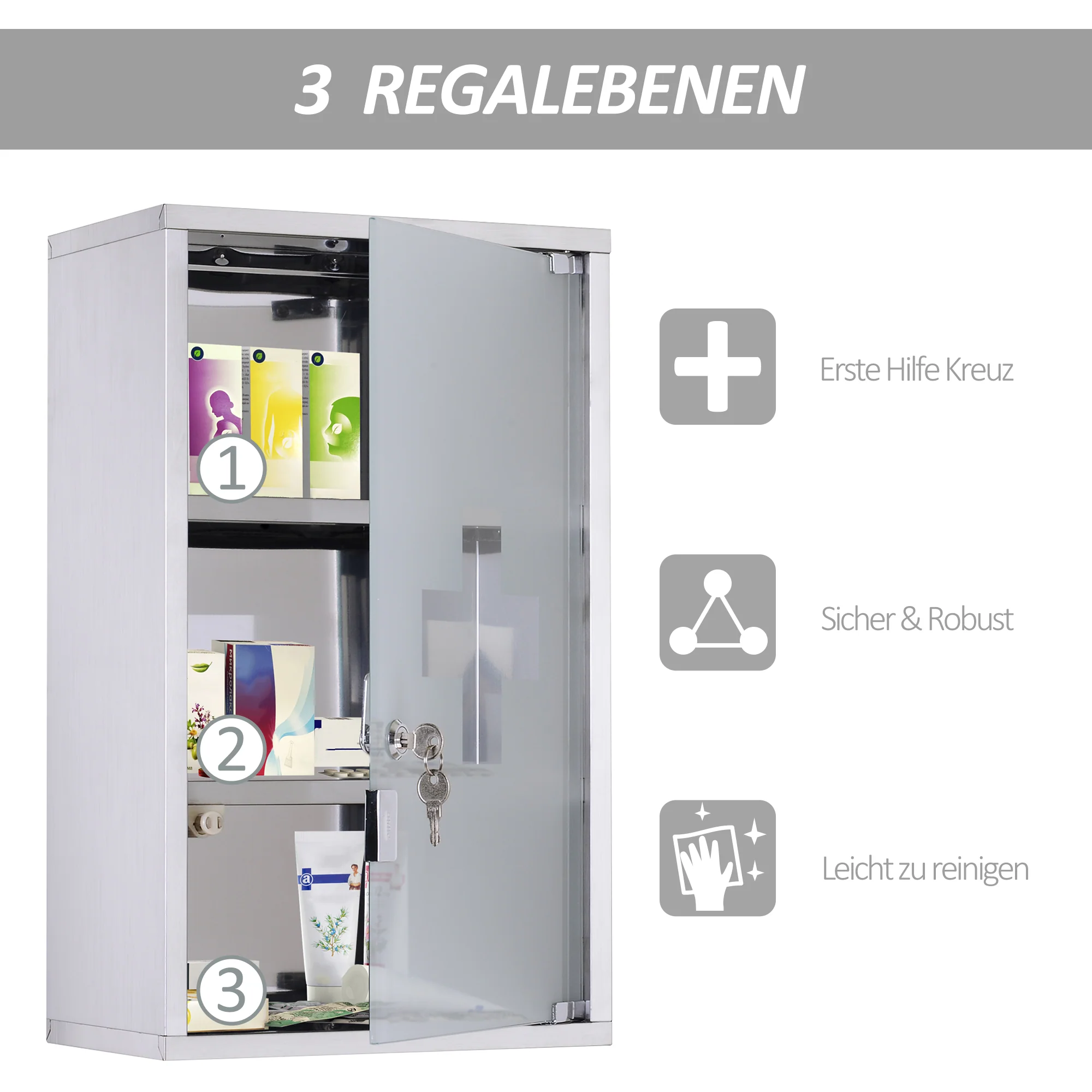 12" x 20" Stainless Steel Lockable Medicine Cabinet with 2 Keys and Shelves for Bathroom - Image 8