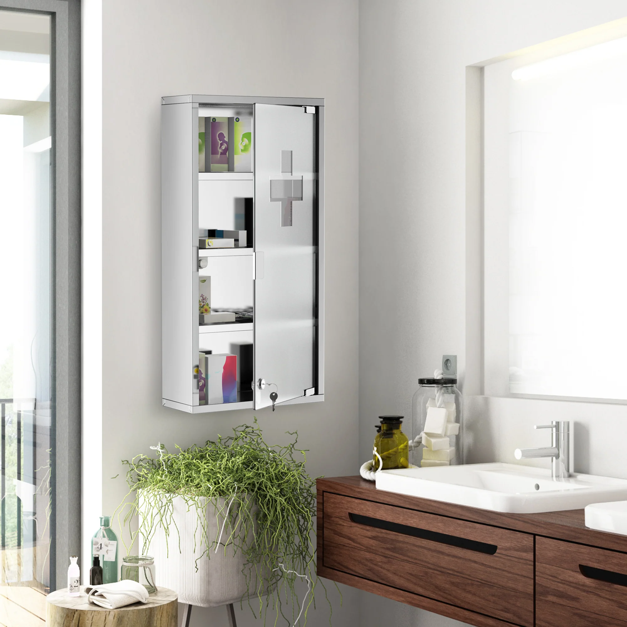 12" x 24" Stainless Steel Lockable Medicine Cabinet with 2 Keys and Shelves for Bathroom - Image 11