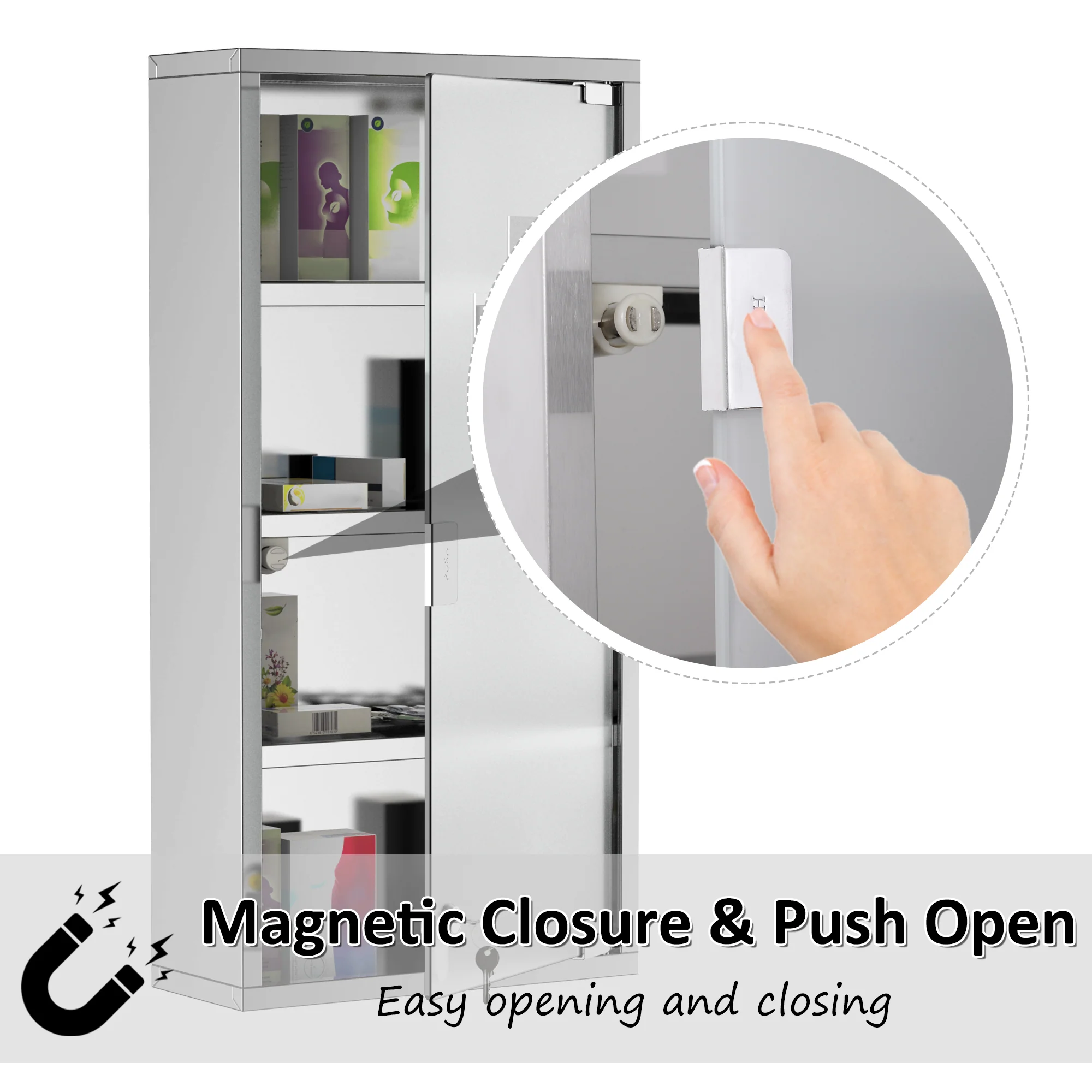 12" x 24" Stainless Steel Lockable Medicine Cabinet with 2 Keys and Shelves for Bathroom - Image 6