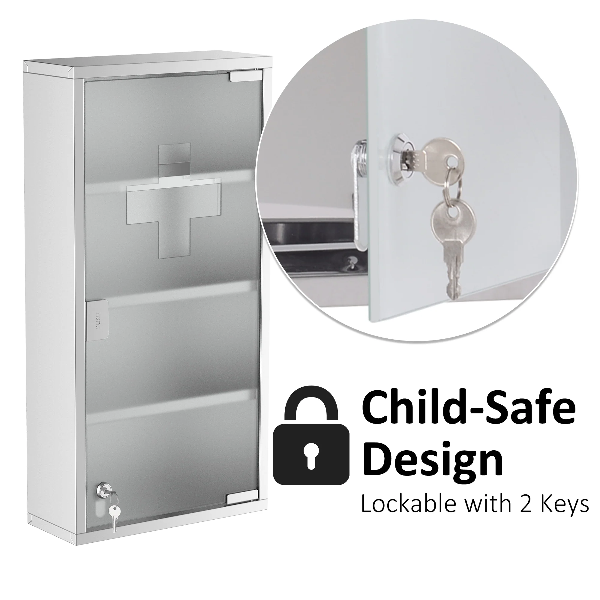 12" x 24" Stainless Steel Lockable Medicine Cabinet with 2 Keys and Shelves for Bathroom - Image 7