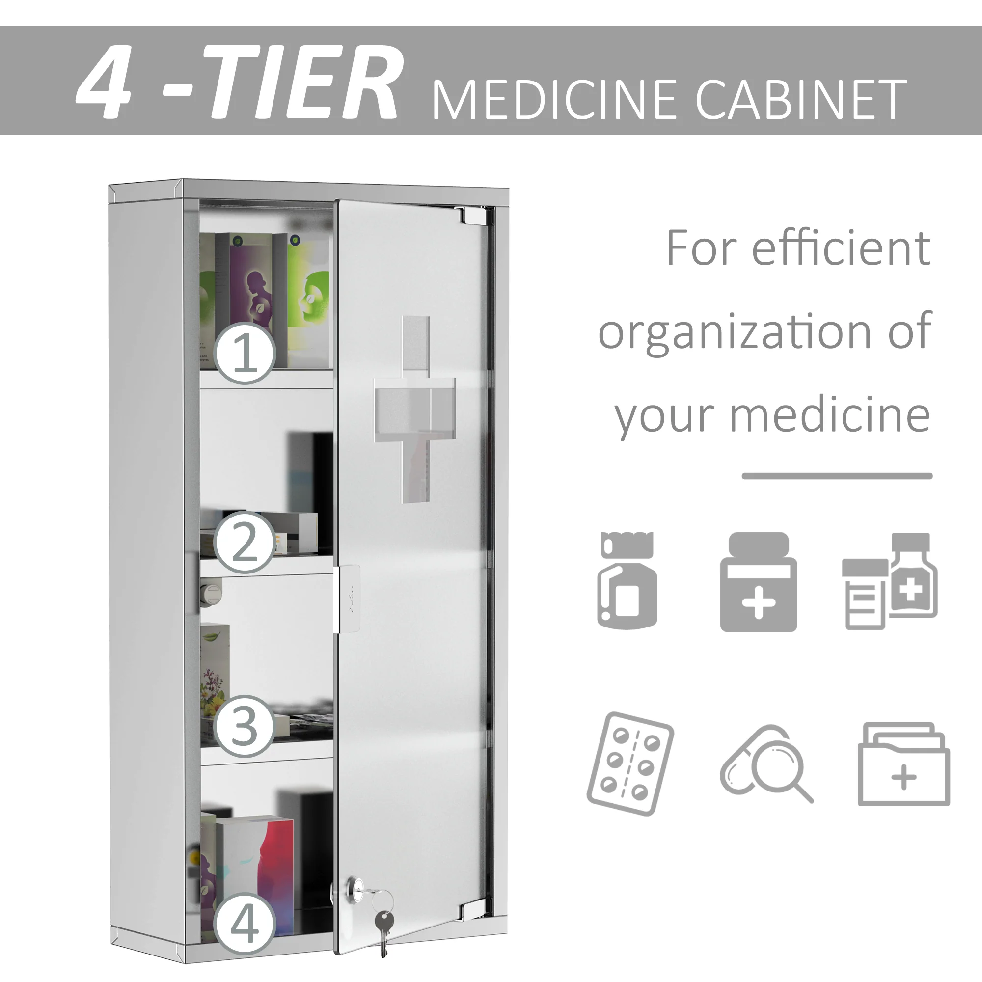 12" x 24" Stainless Steel Lockable Medicine Cabinet with 2 Keys and Shelves for Bathroom - Image 9