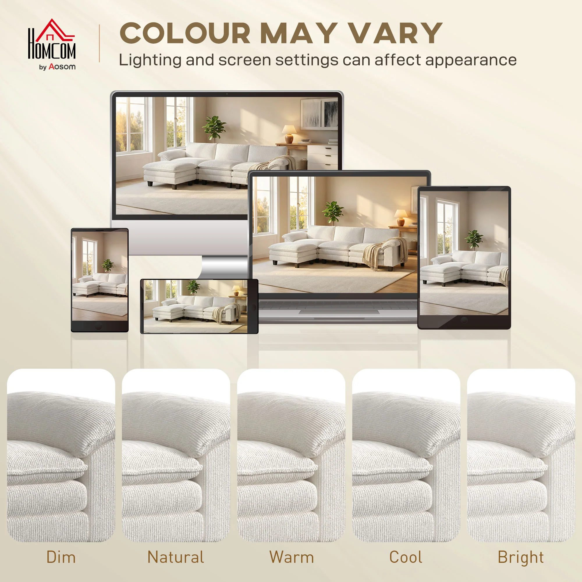 124" L Shaped Sectional Sofa with Movable Ottoman, 3 Seat, 2200lb Capacity, Beige - Image 10