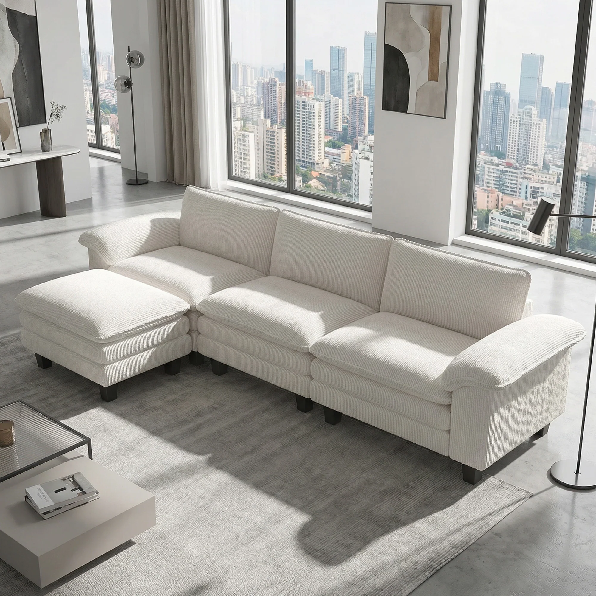 124" L Shaped Sectional Sofa with Movable Ottoman, 3 Seat, 2200lb Capacity, Beige - Image 11