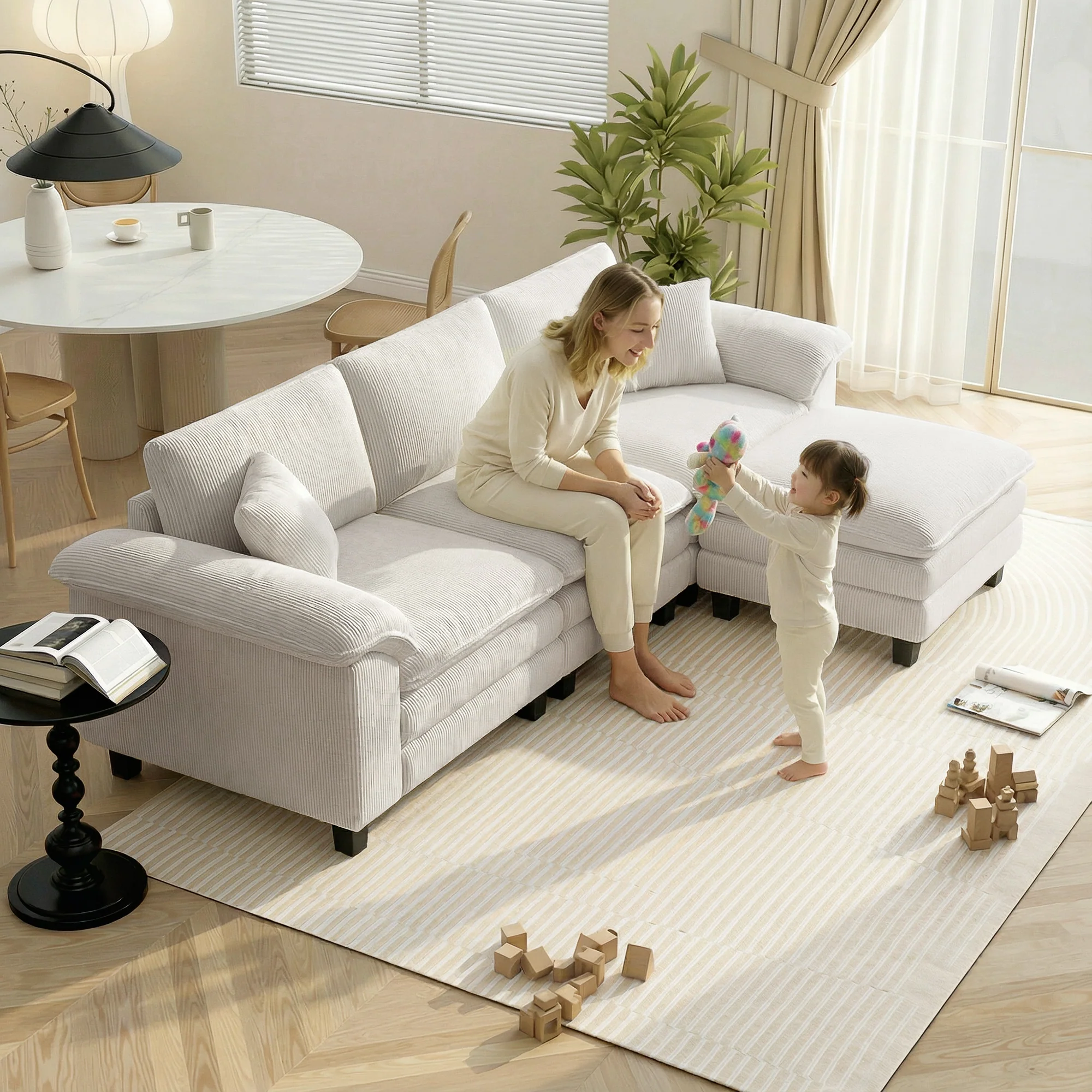 124" L Shaped Sectional Sofa with Movable Ottoman, 3 Seat, 2200lb Capacity, Beige - Image 3