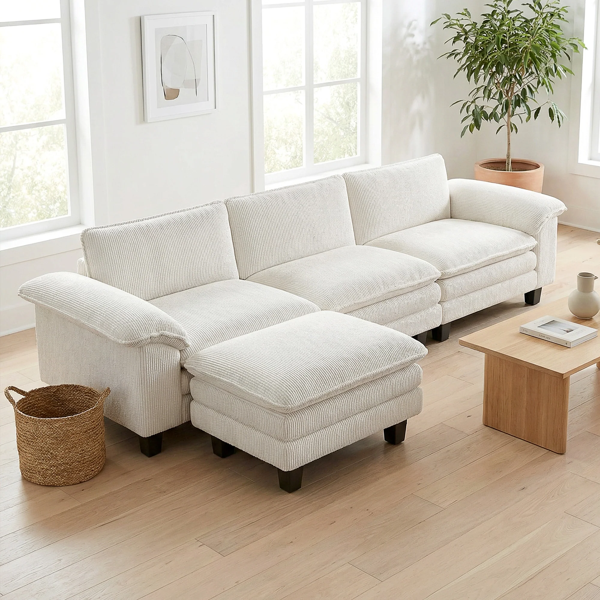 124" L Shaped Sectional Sofa with Movable Ottoman, 3 Seat, 2200lb Capacity, Beige - Image 4