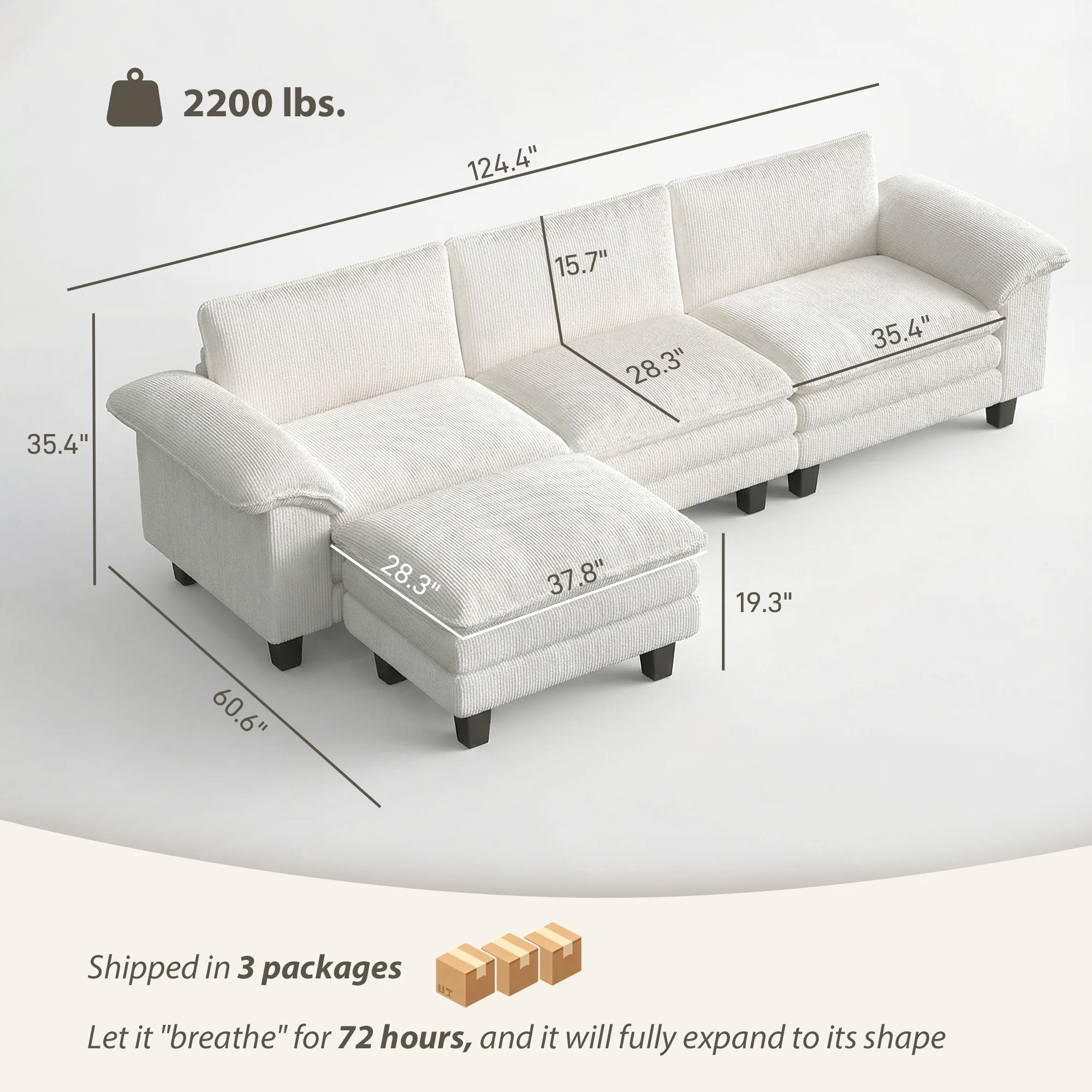124" L Shaped Sectional Sofa with Movable Ottoman, 3 Seat, 2200lb Capacity, Beige - Image 5