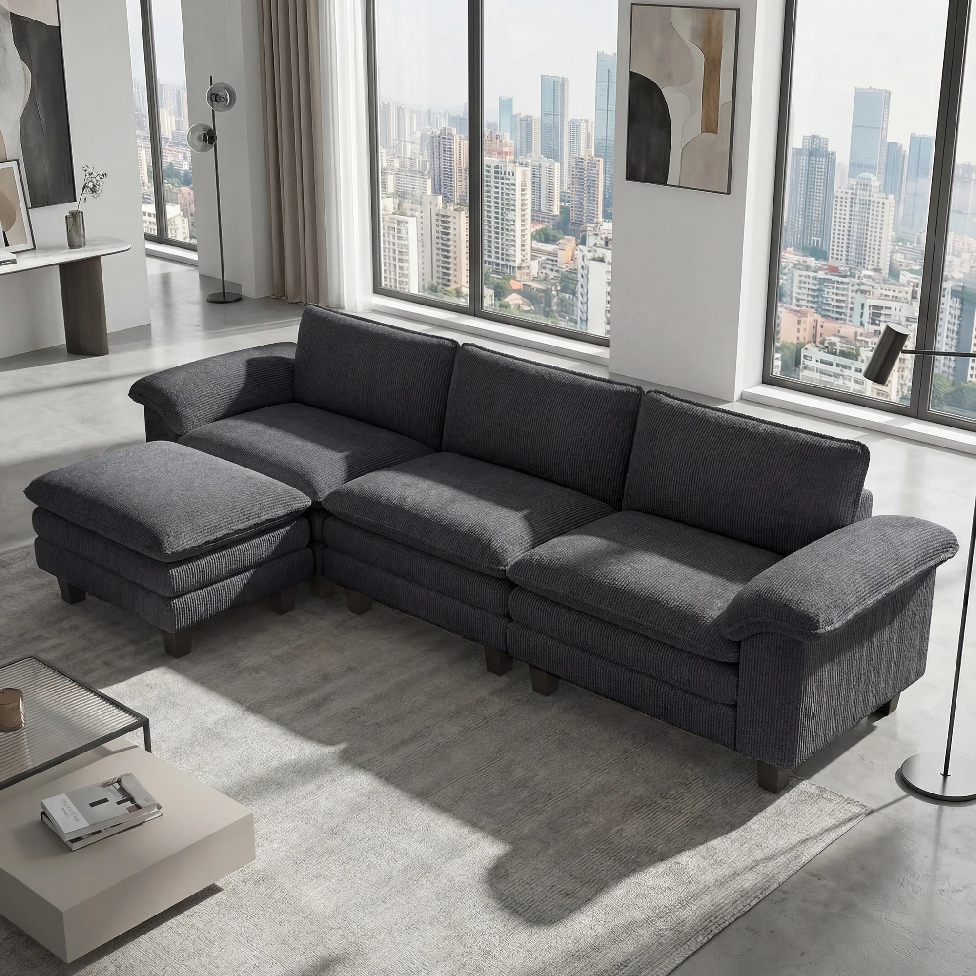 124" L Shaped Sectional Sofa with Movable Ottoman, 3 Seat, 2200lb Capacity, Dark Gray - Image 11