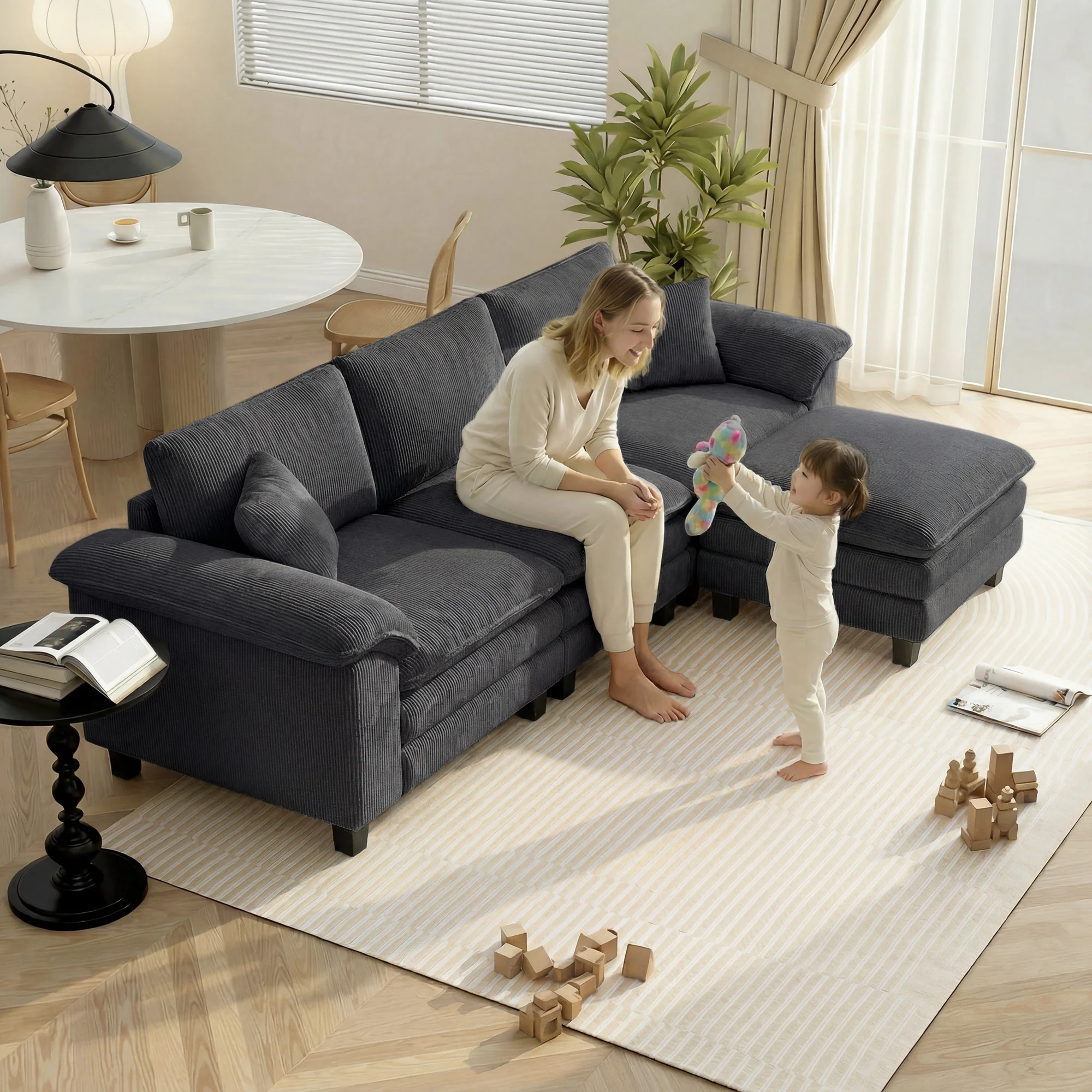 124" L Shaped Sectional Sofa with Movable Ottoman, 3 Seat, 2200lb Capacity, Dark Gray - Image 3