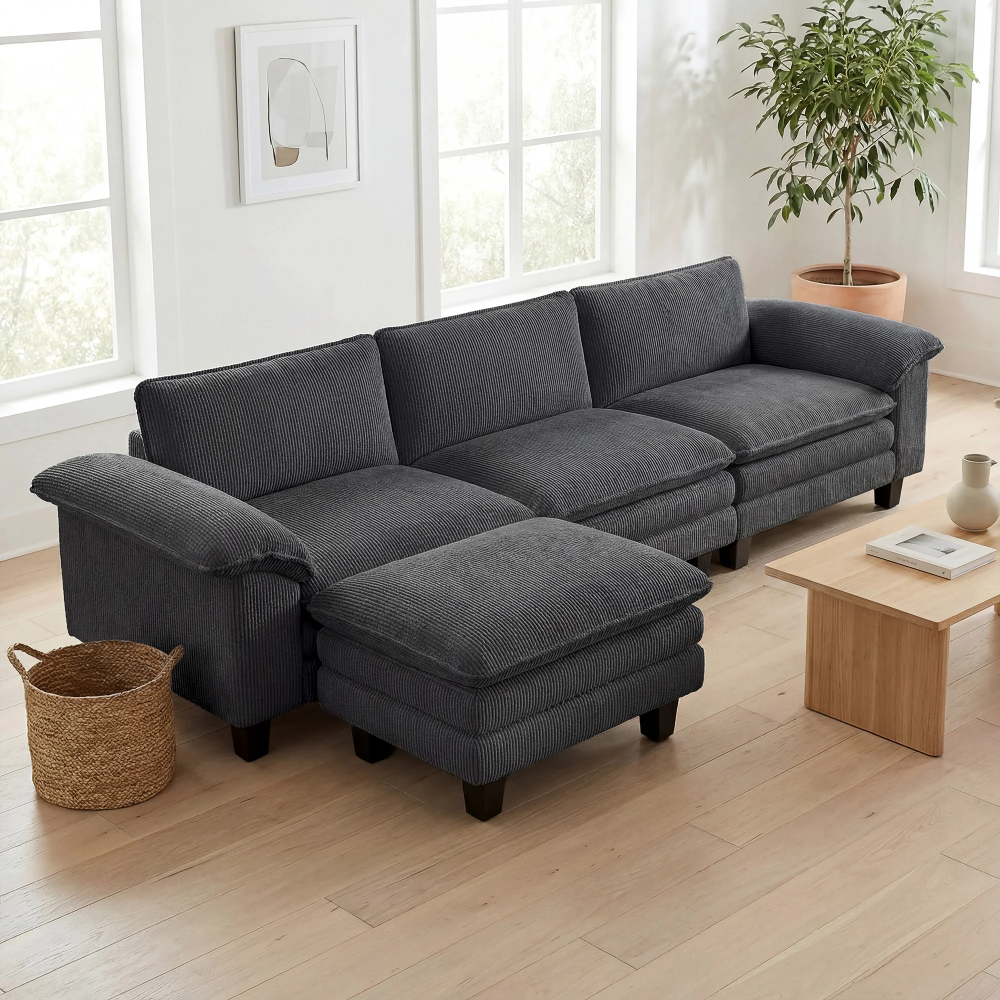 124" L Shaped Sectional Sofa with Movable Ottoman, 3 Seat, 2200lb Capacity, Dark Gray - Image 4