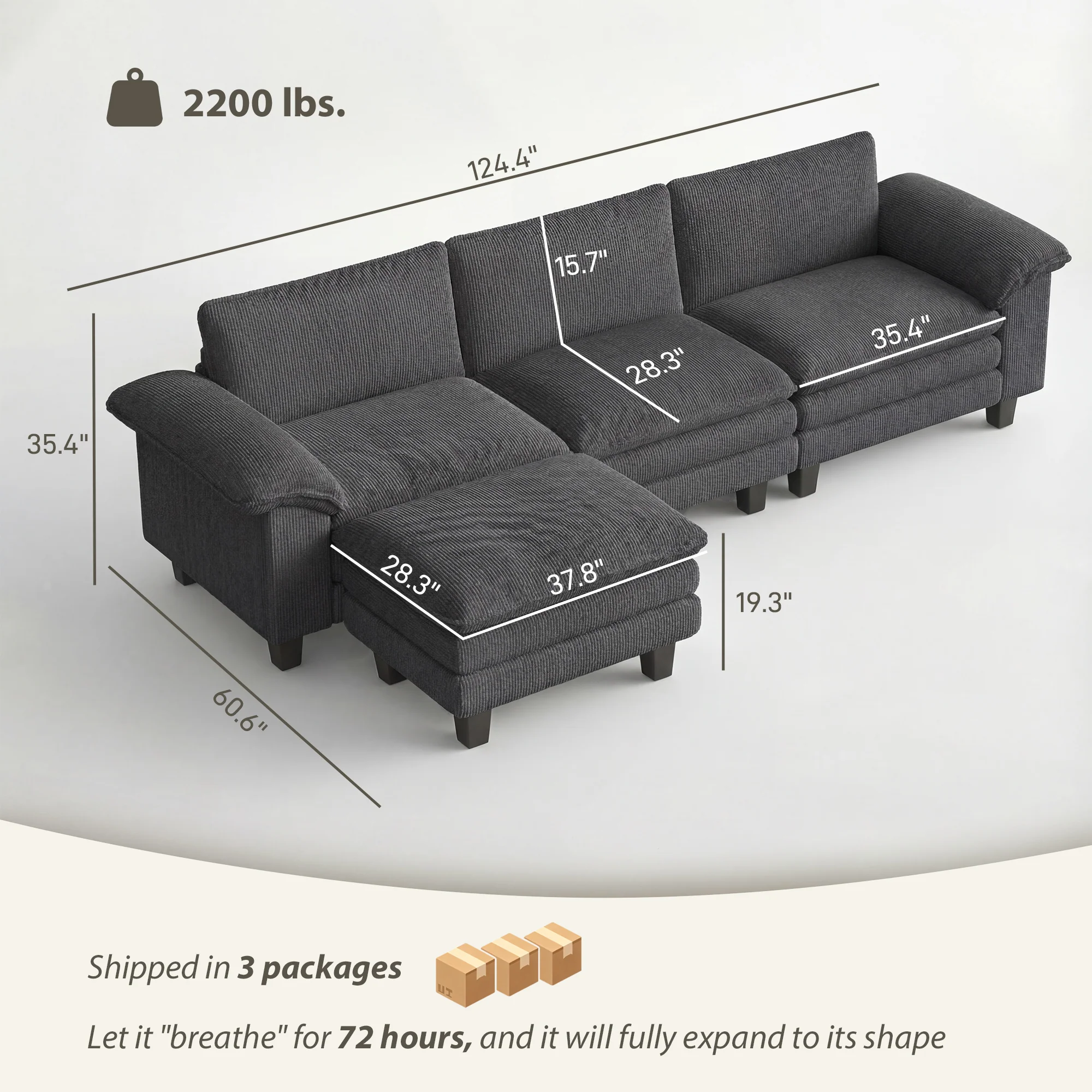 124" L Shaped Sectional Sofa with Movable Ottoman, 3 Seat, 2200lb Capacity, Dark Gray - Image 5