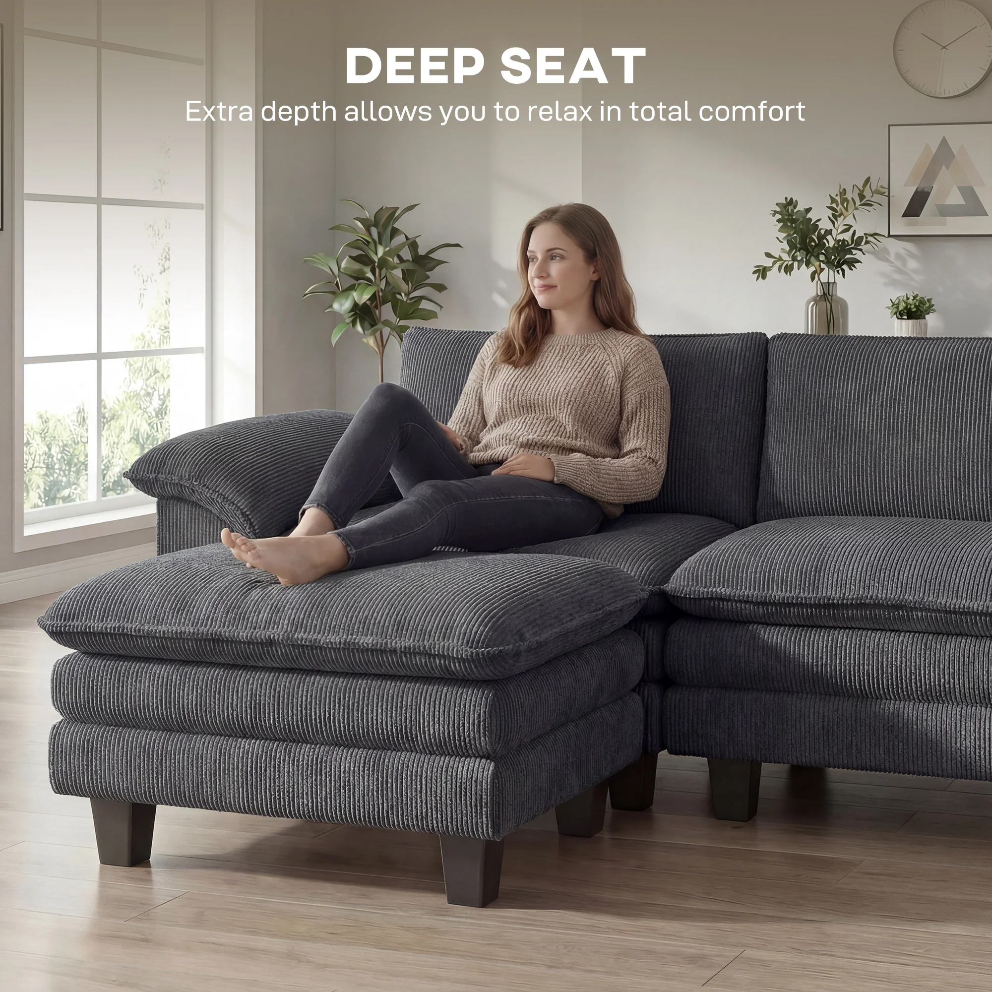 124" L Shaped Sectional Sofa with Movable Ottoman, 3 Seat, 2200lb Capacity, Dark Gray - Image 7