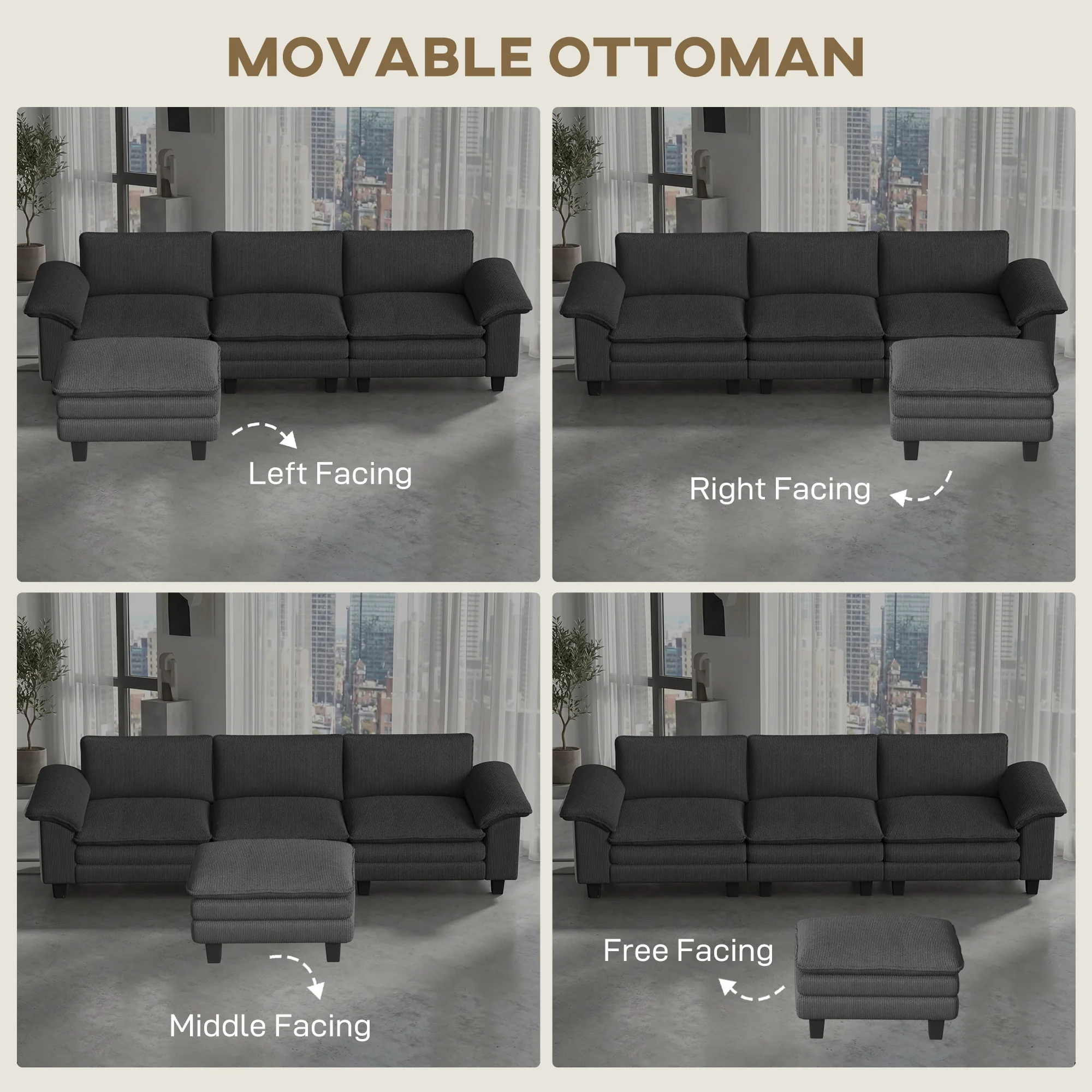 124" L Shaped Sectional Sofa with Movable Ottoman, 3 Seat, 2200lb Capacity, Dark Gray - Image 8