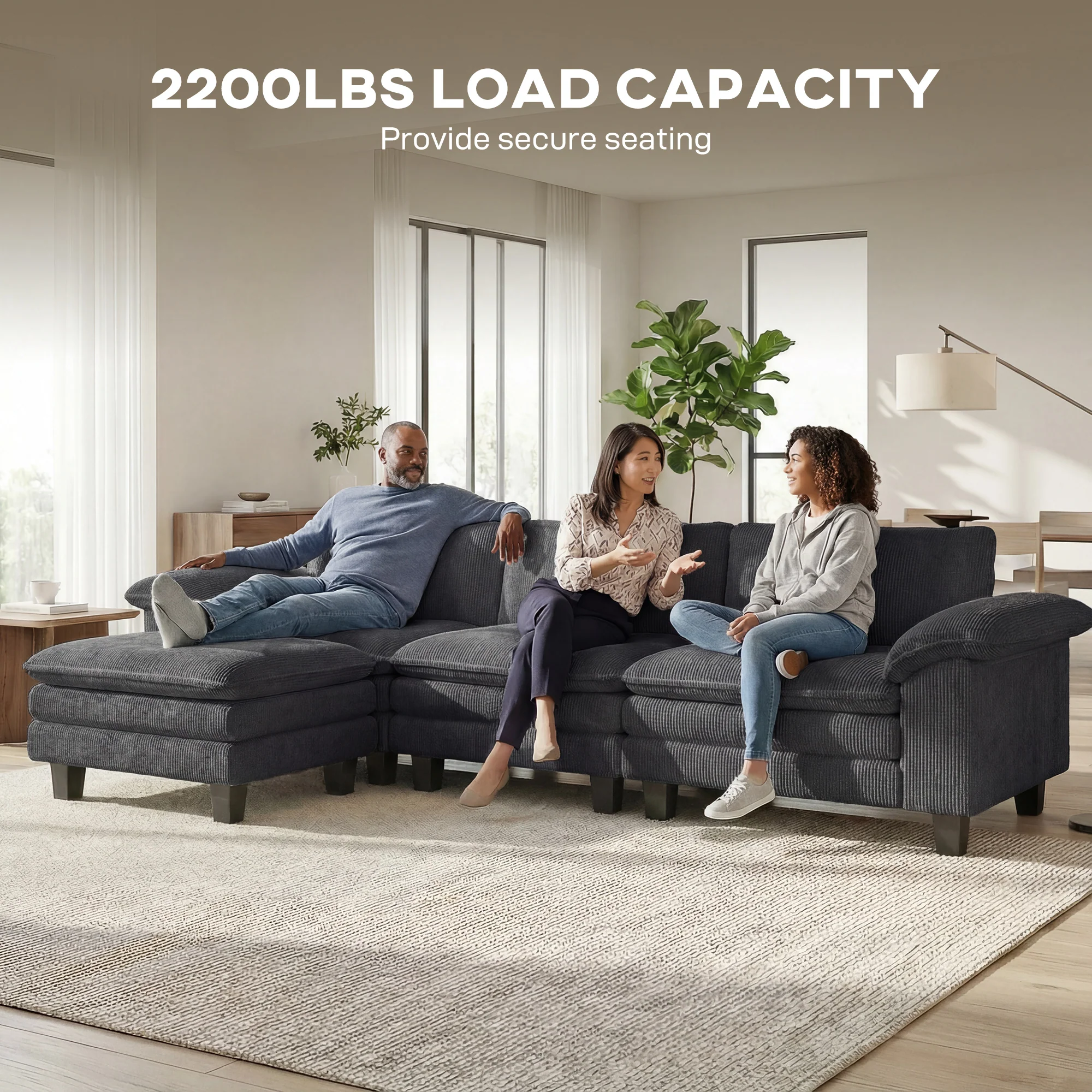 124" L Shaped Sectional Sofa with Movable Ottoman, 3 Seat, 2200lb Capacity, Dark Gray - Image 9