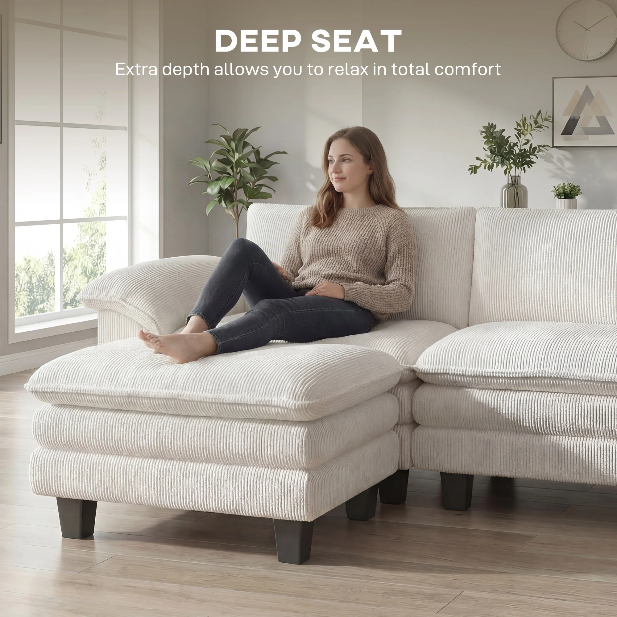 124" L Shaped Sectional Sofa with Movable Ottoman, 3 Seat, 2200lb Capacity, Beige - Image 7