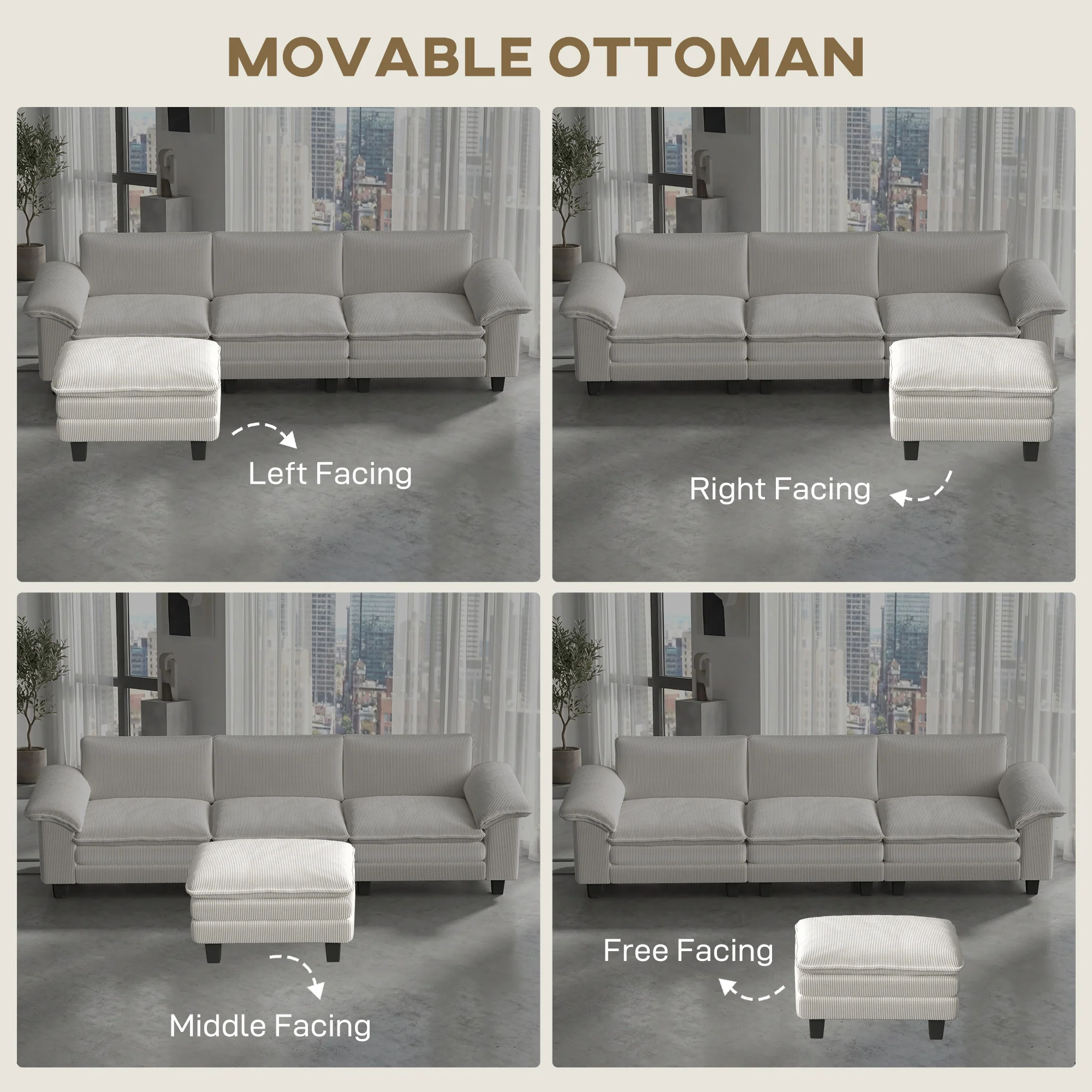 124" L Shaped Sectional Sofa with Movable Ottoman, 3 Seat, 2200lb Capacity, Beige - Image 8