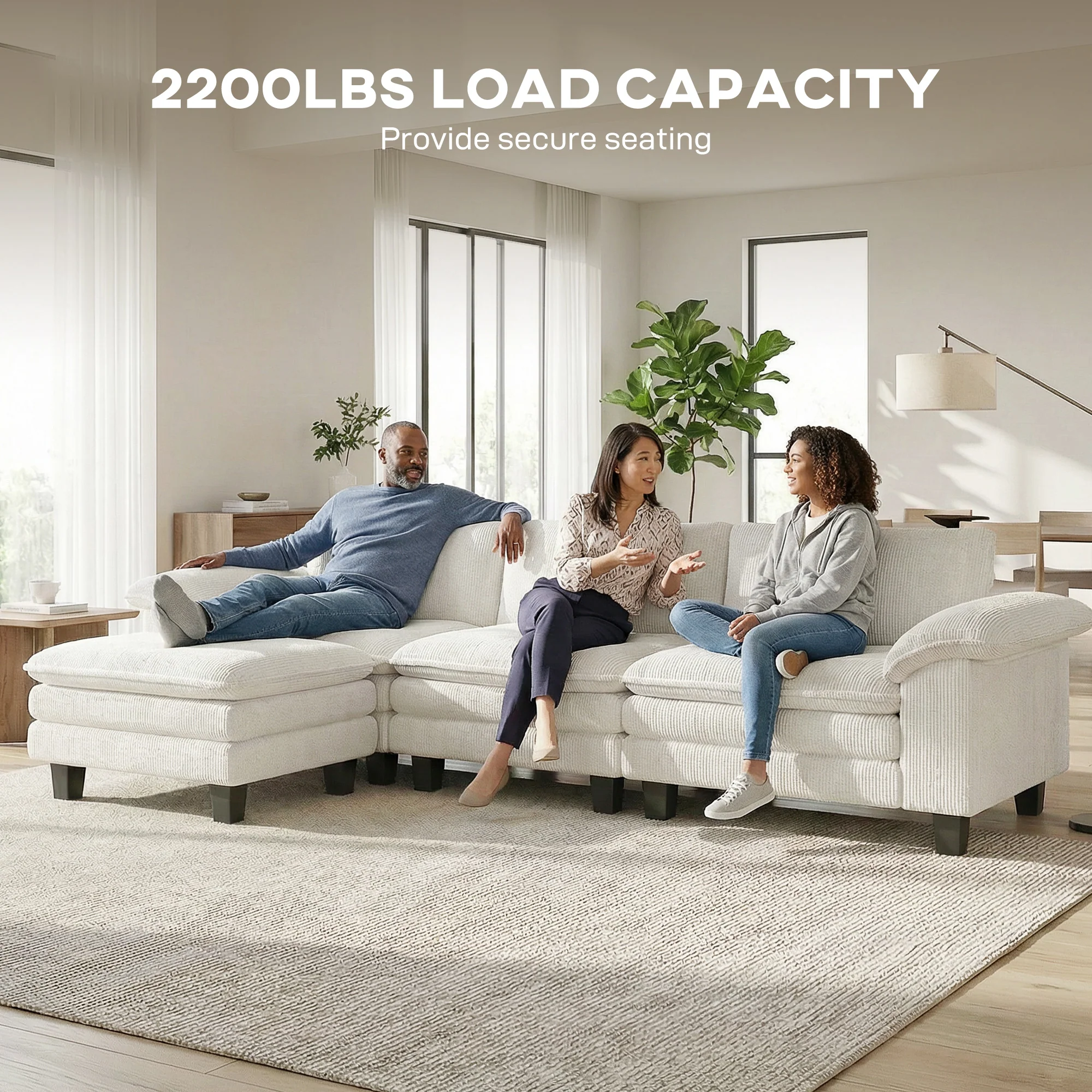 124" L Shaped Sectional Sofa with Movable Ottoman, 3 Seat, 2200lb Capacity, Beige - Image 9