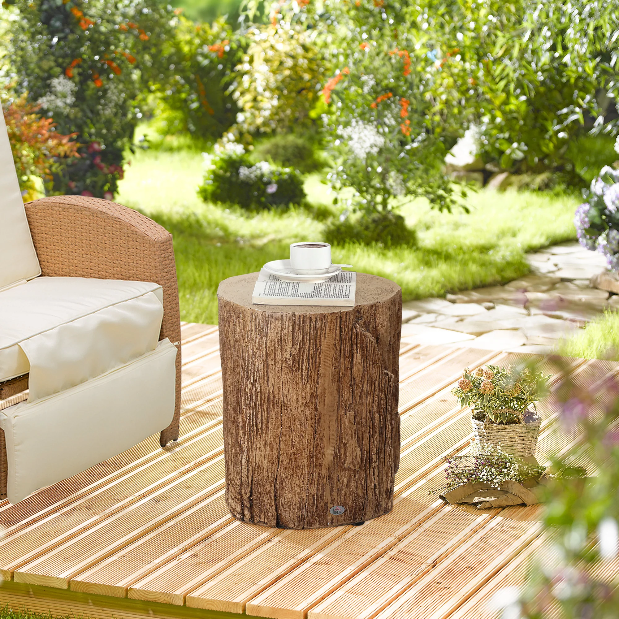 17" Tall Tree Stump End Table Concrete Sofa Side Table Natural Wood - Image 6