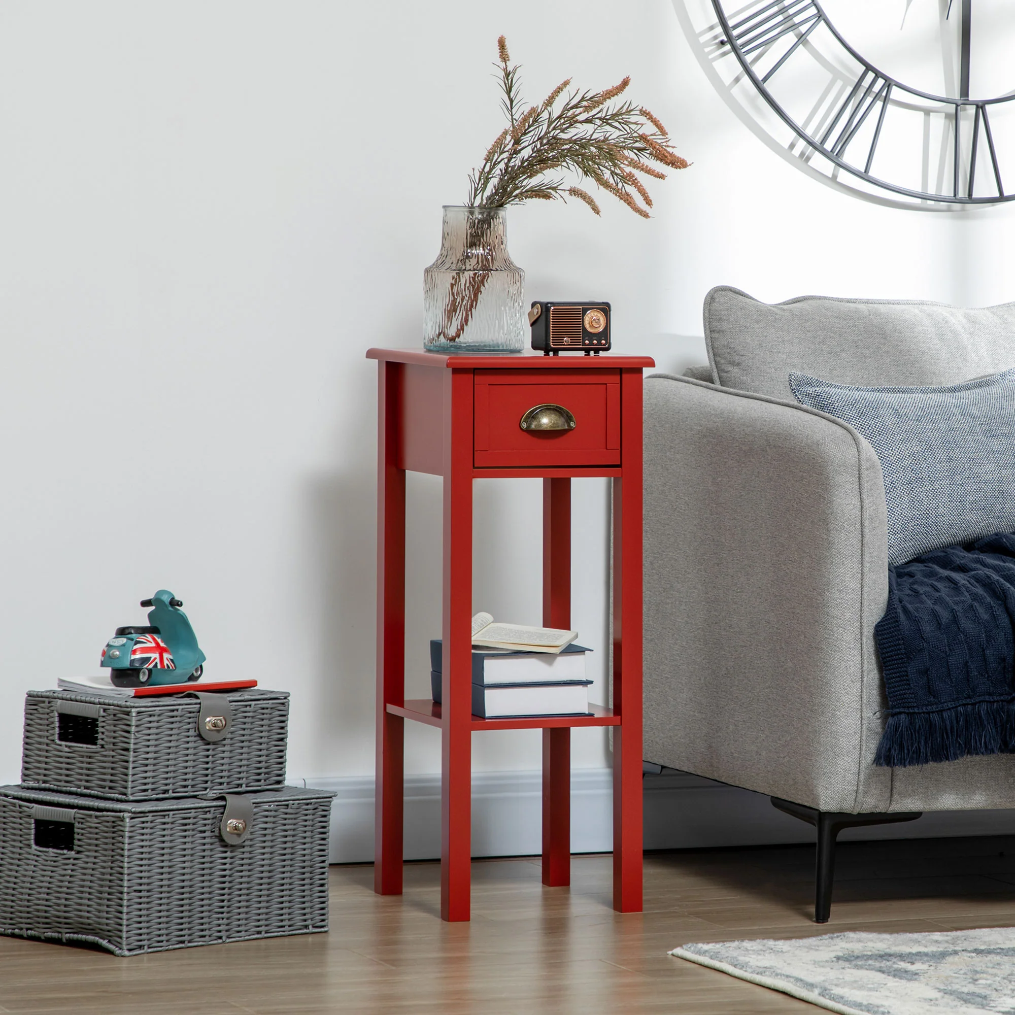 2 Tier Side Table with Drawer and Shelf End Table for Living Room and Hallway Red - Image 3