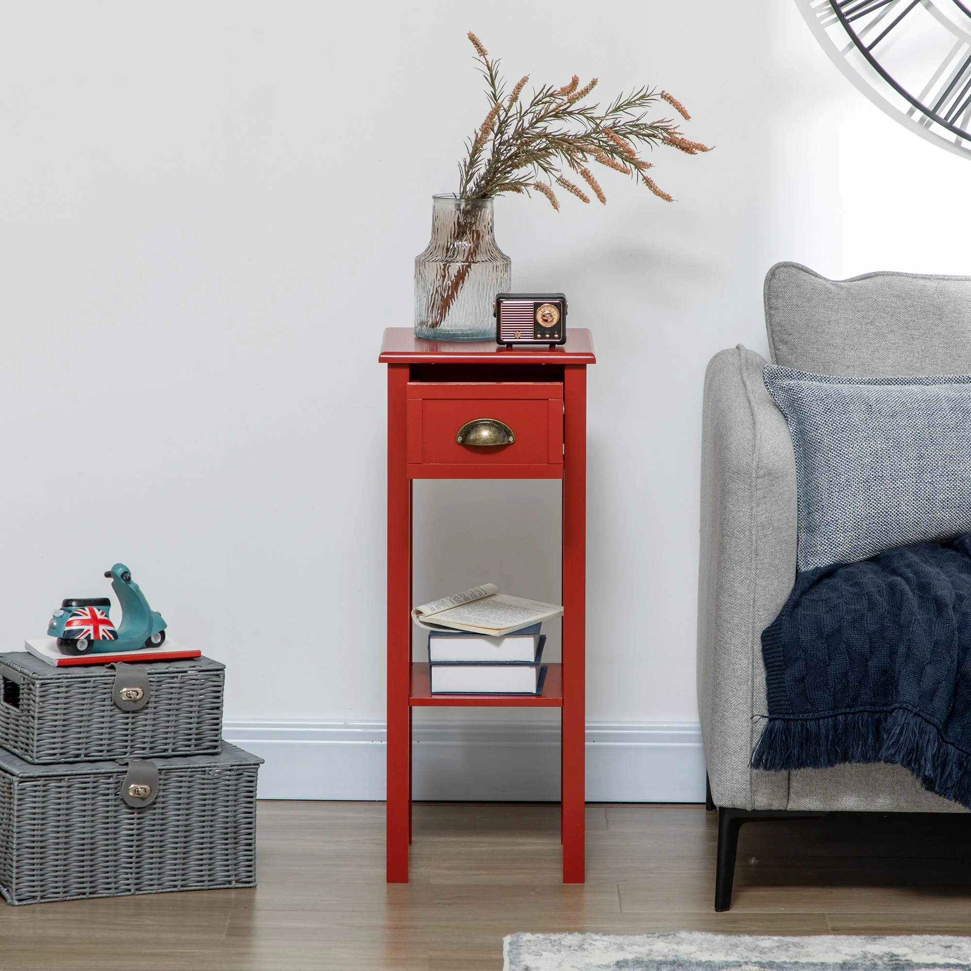 2 Tier Side Table with Drawer and Shelf End Table for Living Room and Hallway Red - Image 4