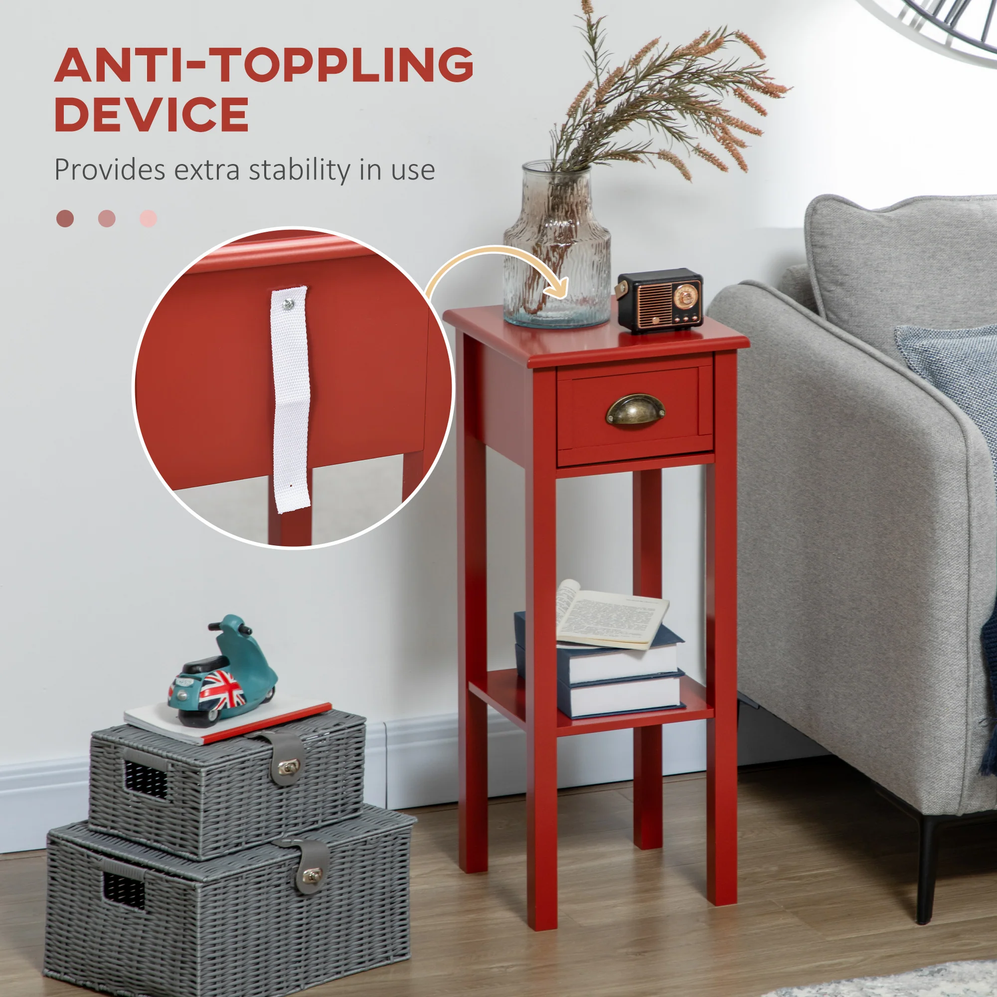 2 Tier Side Table with Drawer and Shelf End Table for Living Room and Hallway Red - Image 7