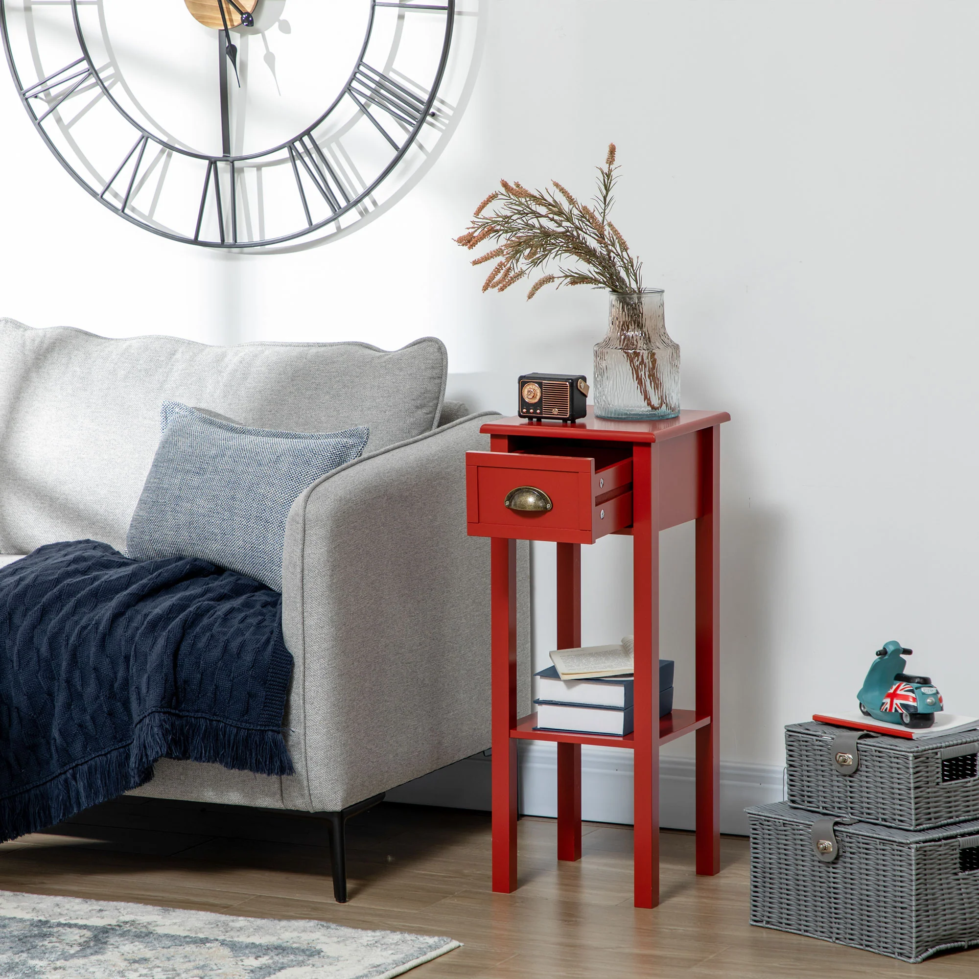 2 Tier Side Table with Drawer and Shelf End Table for Living Room and Hallway Red - Image 8