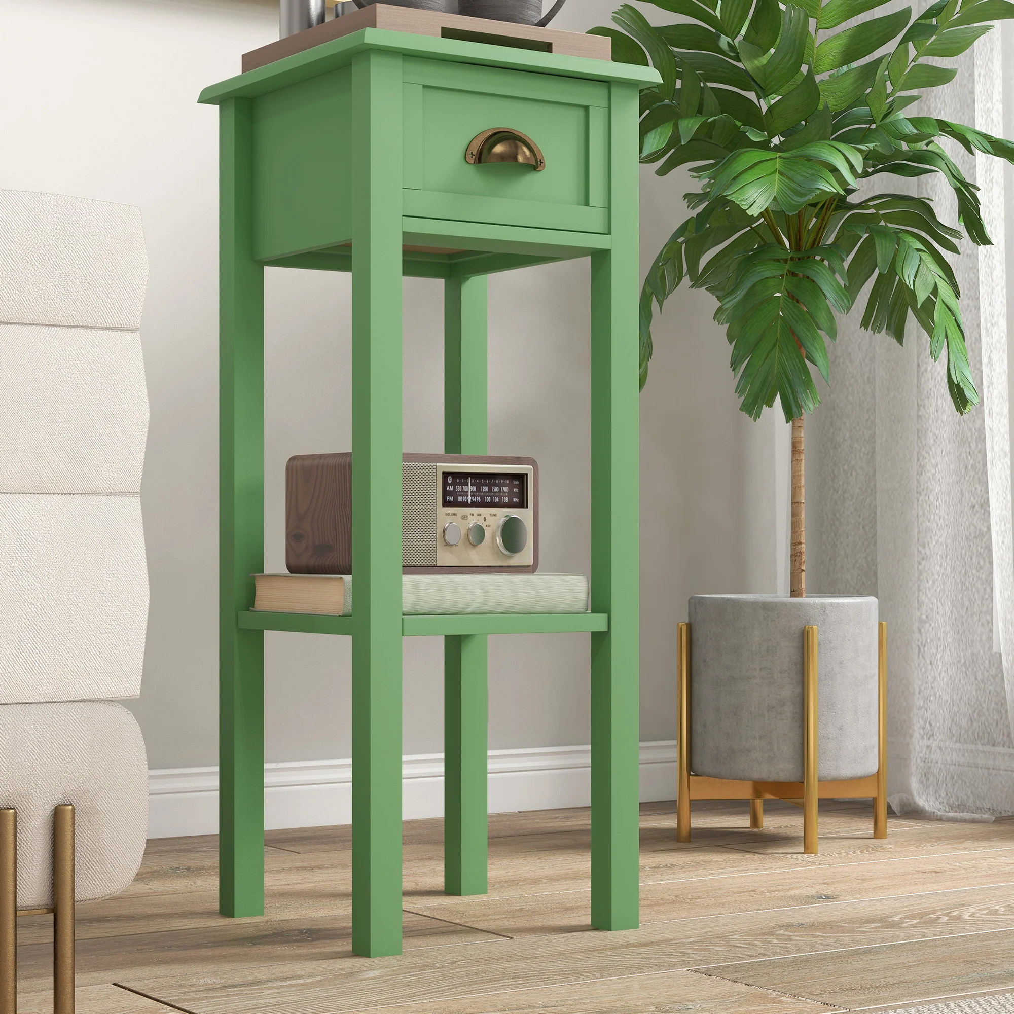 2 Tier Side Table with Drawer and Shelf End Table for Living Room and Hallway Green - Image 10