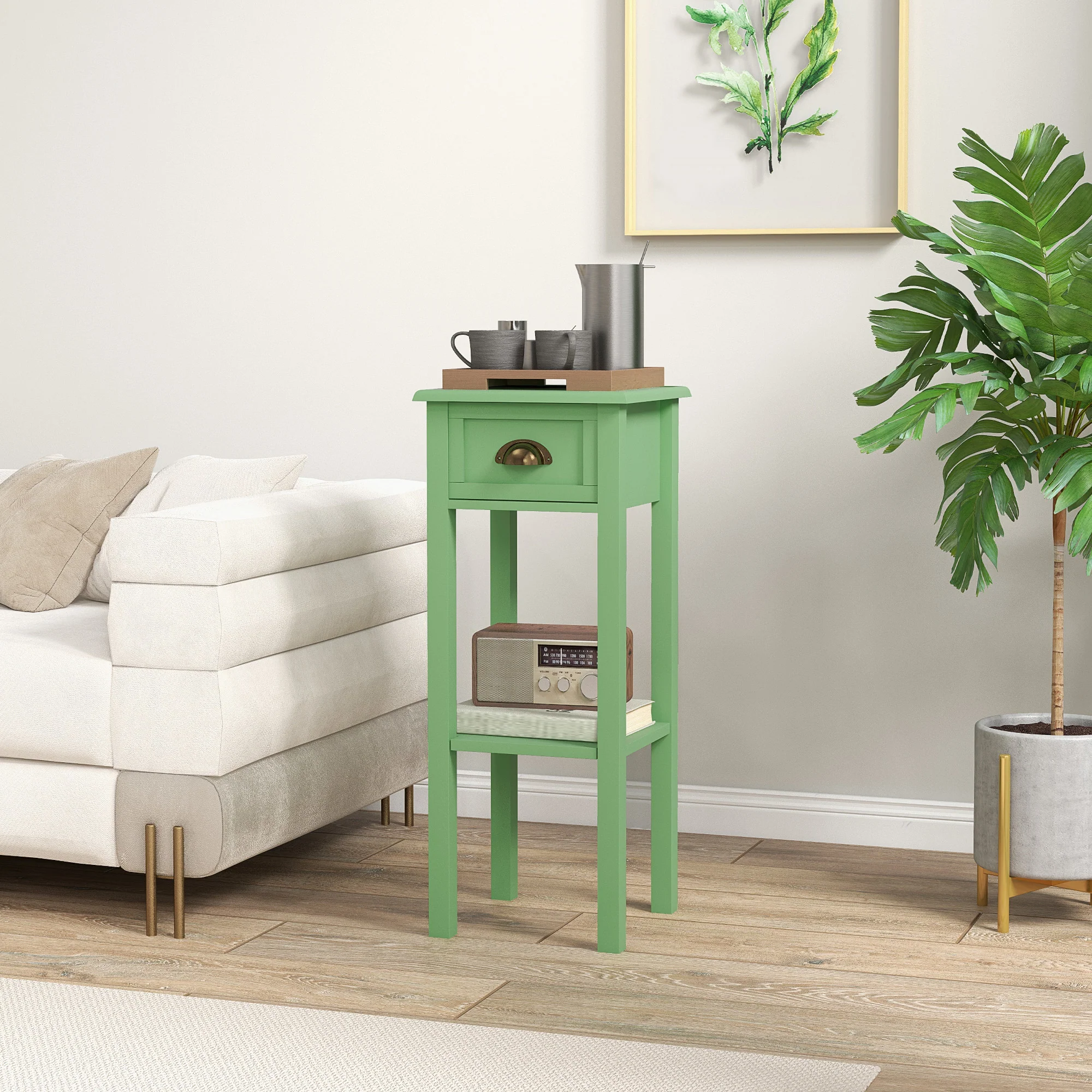 2 Tier Side Table with Drawer and Shelf End Table for Living Room and Hallway Green - Image 3