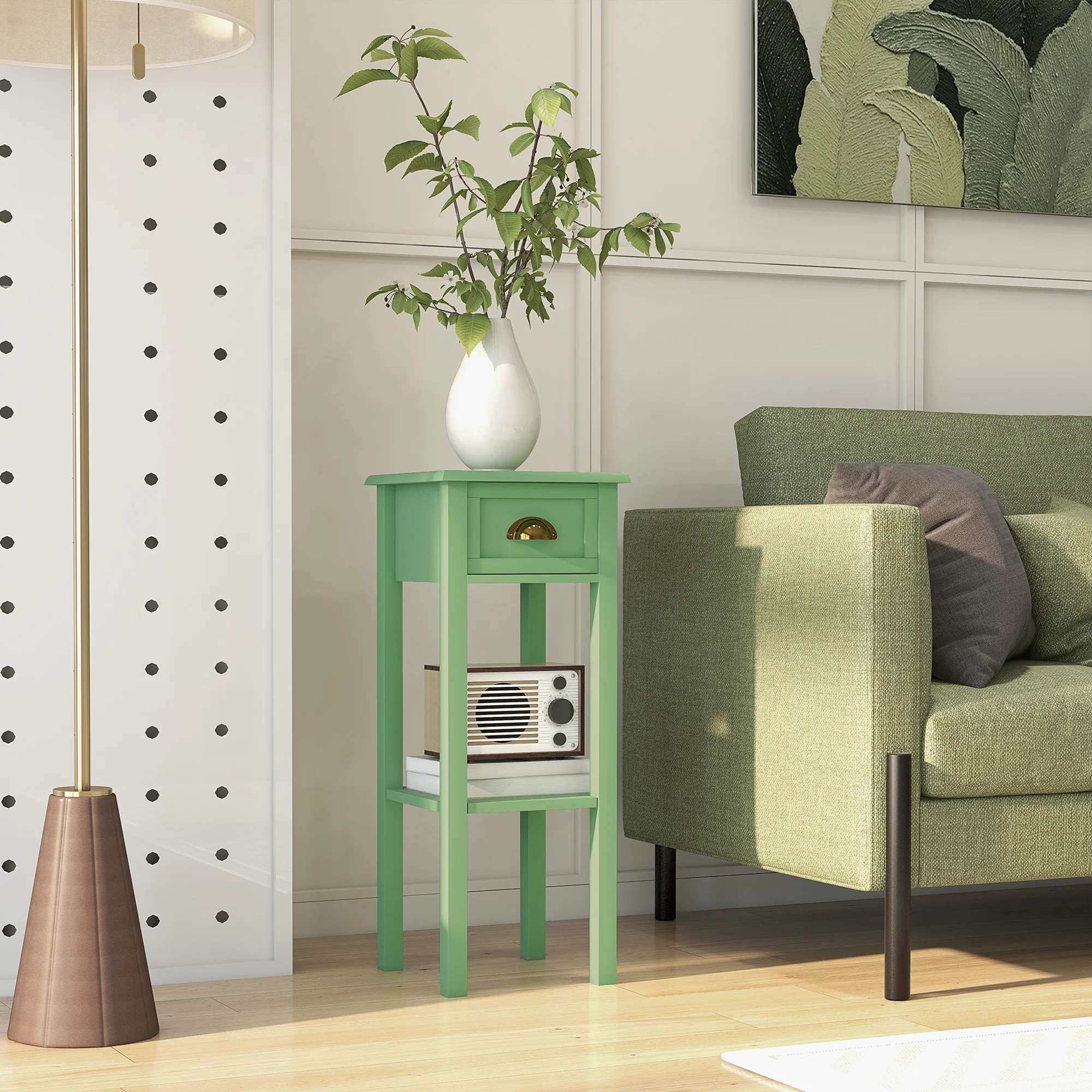 2 Tier Side Table with Drawer and Shelf End Table for Living Room and Hallway Green - Image 4
