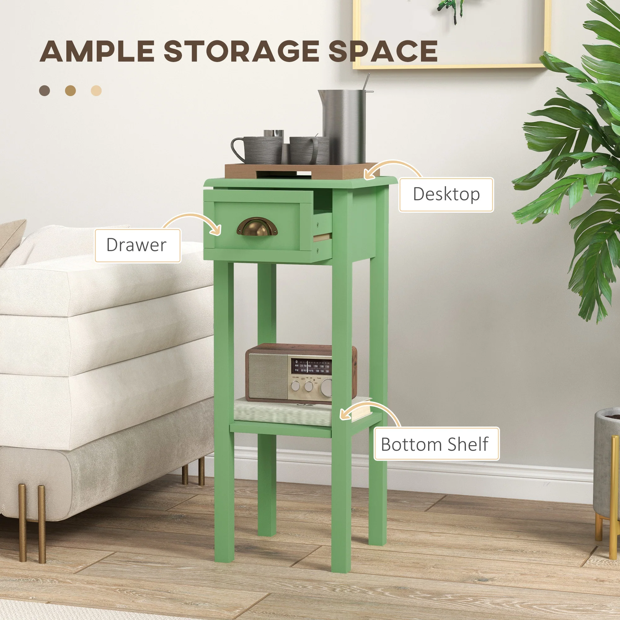 2 Tier Side Table with Drawer and Shelf End Table for Living Room and Hallway Green - Image 6