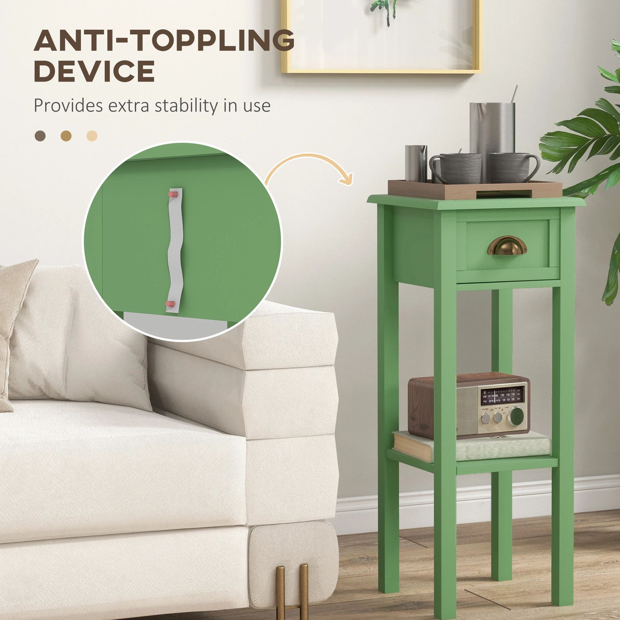 2 Tier Side Table with Drawer and Shelf End Table for Living Room and Hallway Green - Image 8