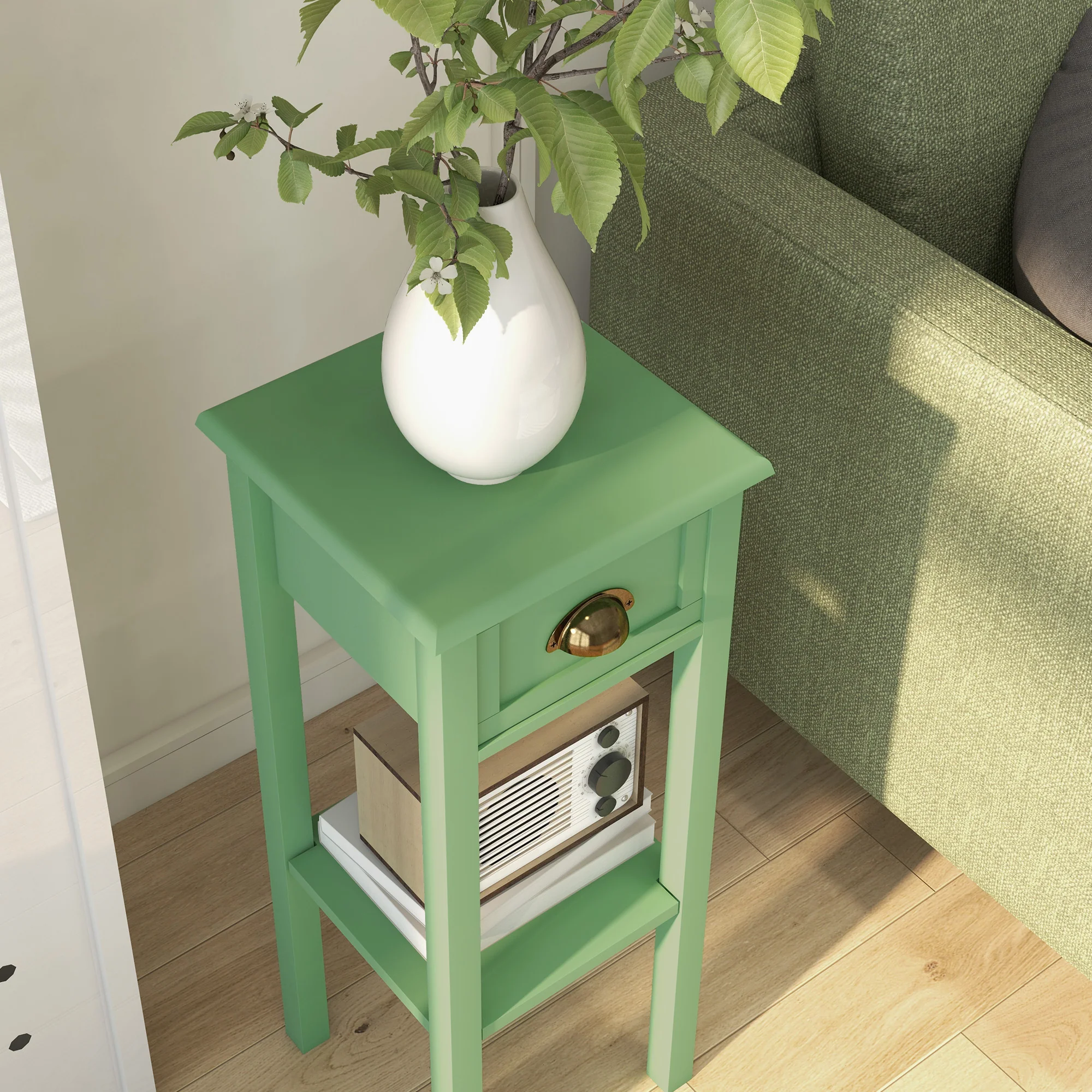 2 Tier Side Table with Drawer and Shelf End Table for Living Room and Hallway Green - Image 9