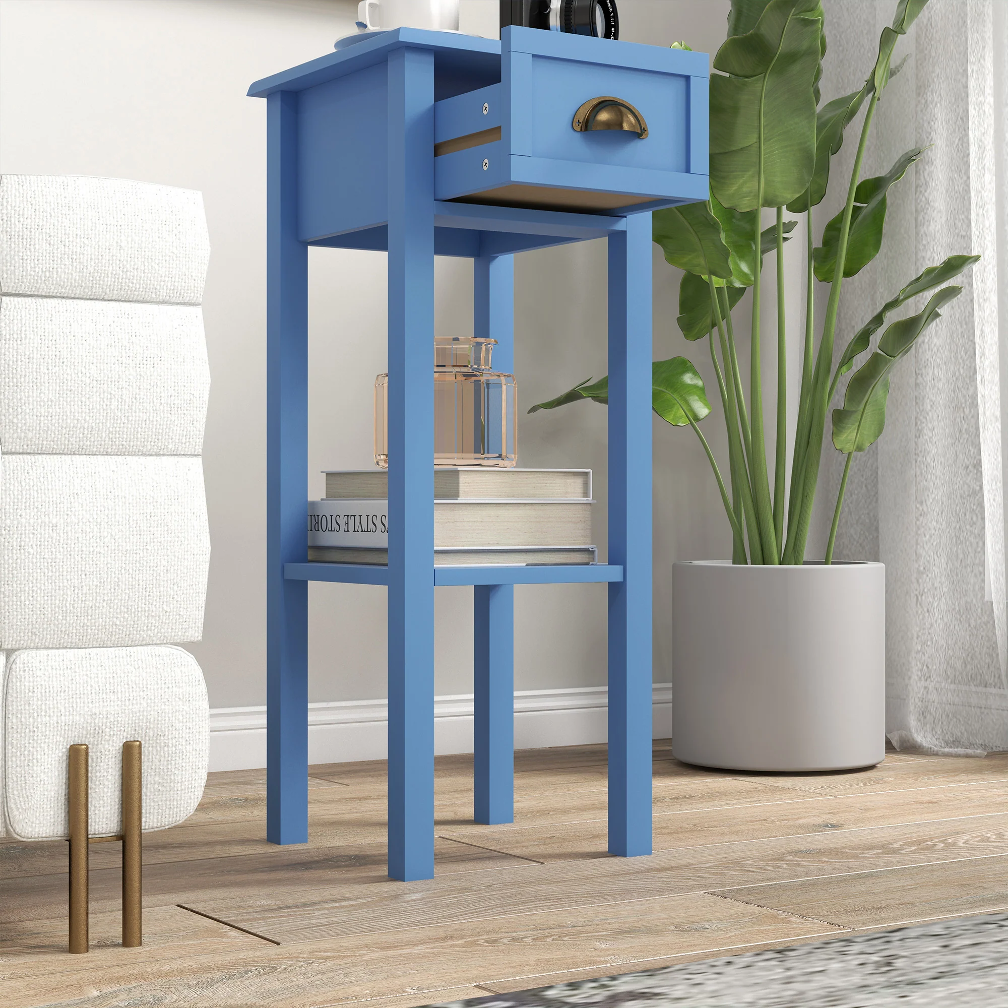 2 Tier Side Table with Drawer and Shelf End Table for Living Room and Hallway Light Blue - Image 10