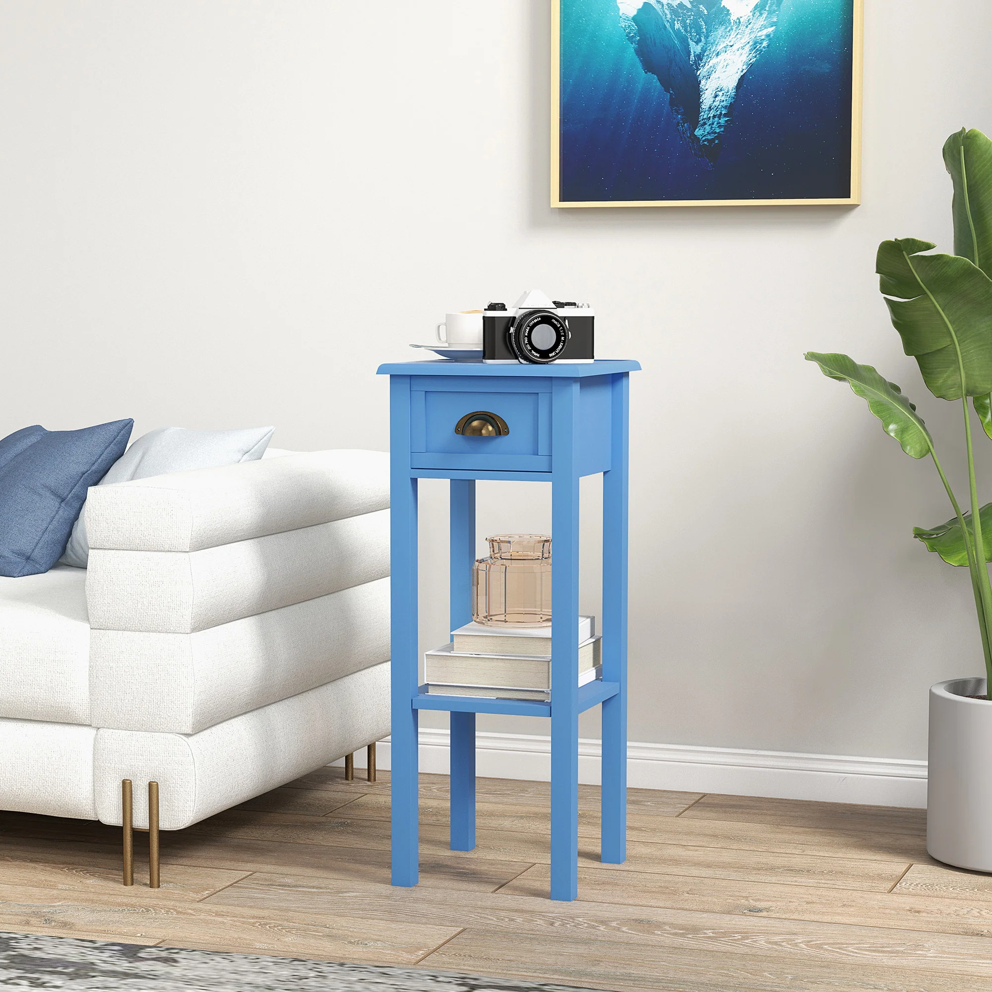 2 Tier Side Table with Drawer and Shelf End Table for Living Room and Hallway Light Blue - Image 3