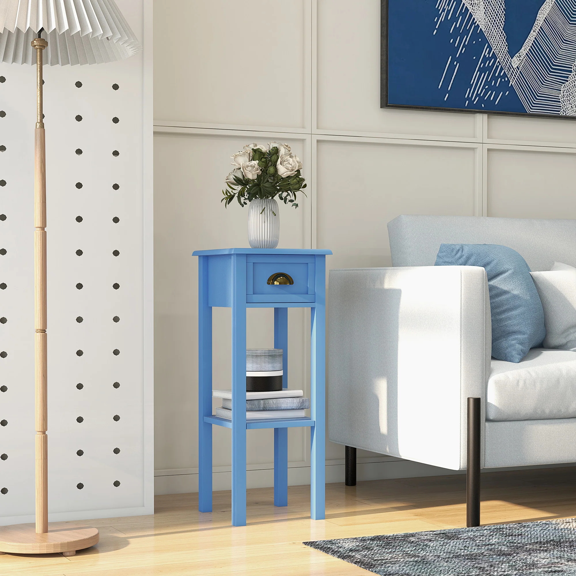 2 Tier Side Table with Drawer and Shelf End Table for Living Room and Hallway Light Blue - Image 4