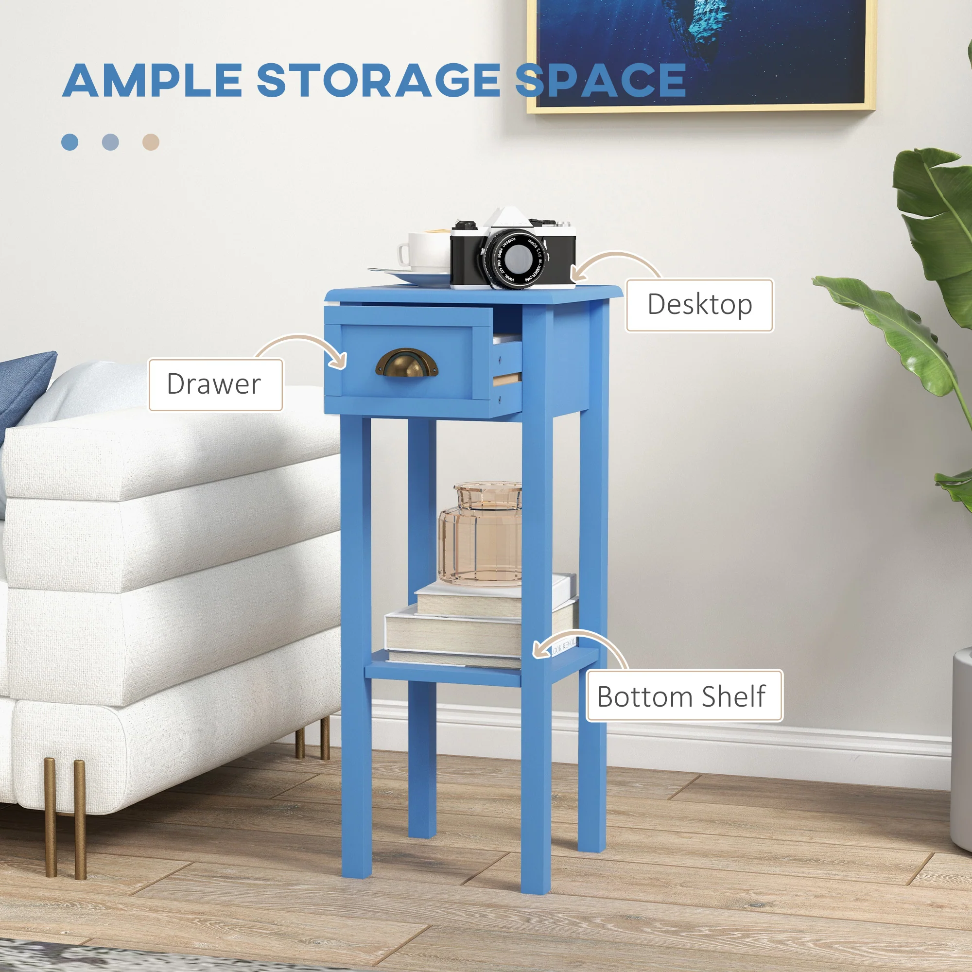 2 Tier Side Table with Drawer and Shelf End Table for Living Room and Hallway Light Blue - Image 6