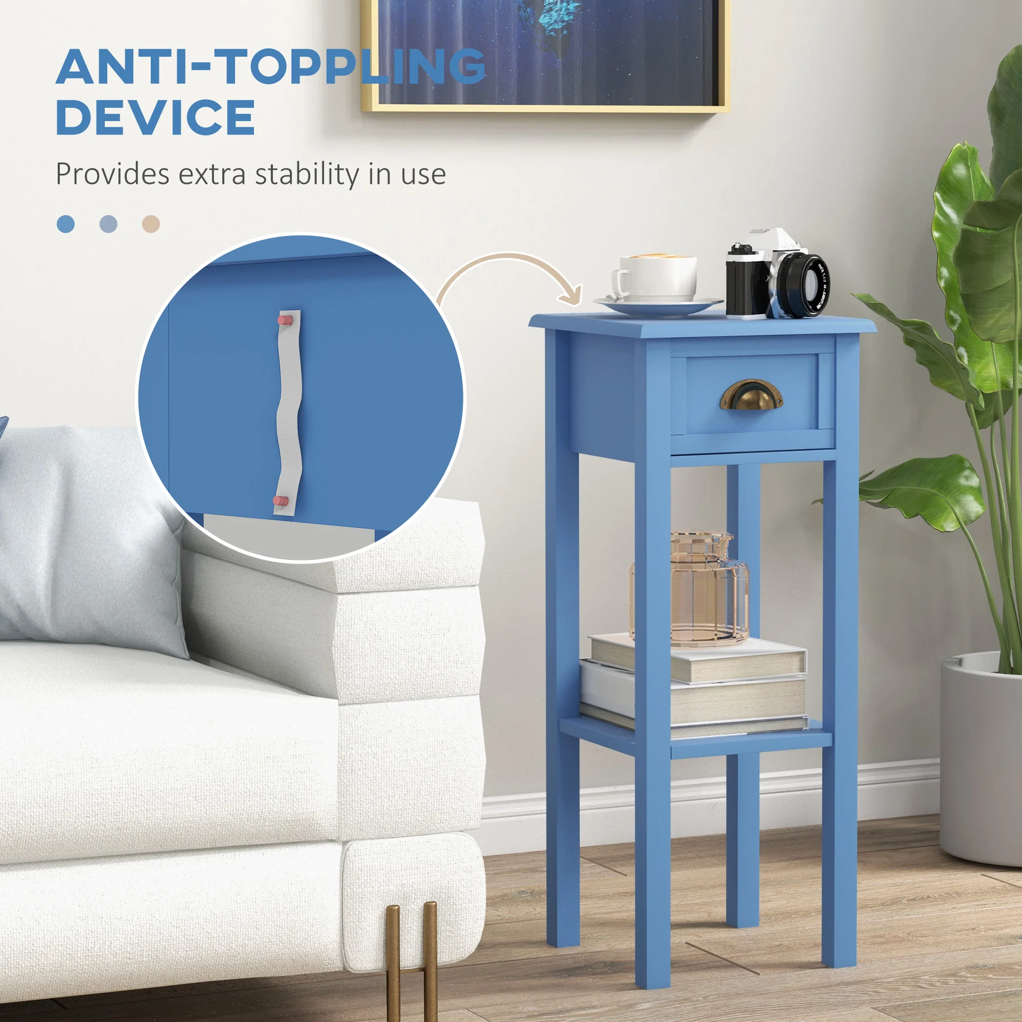 2 Tier Side Table with Drawer and Shelf End Table for Living Room and Hallway Light Blue - Image 8