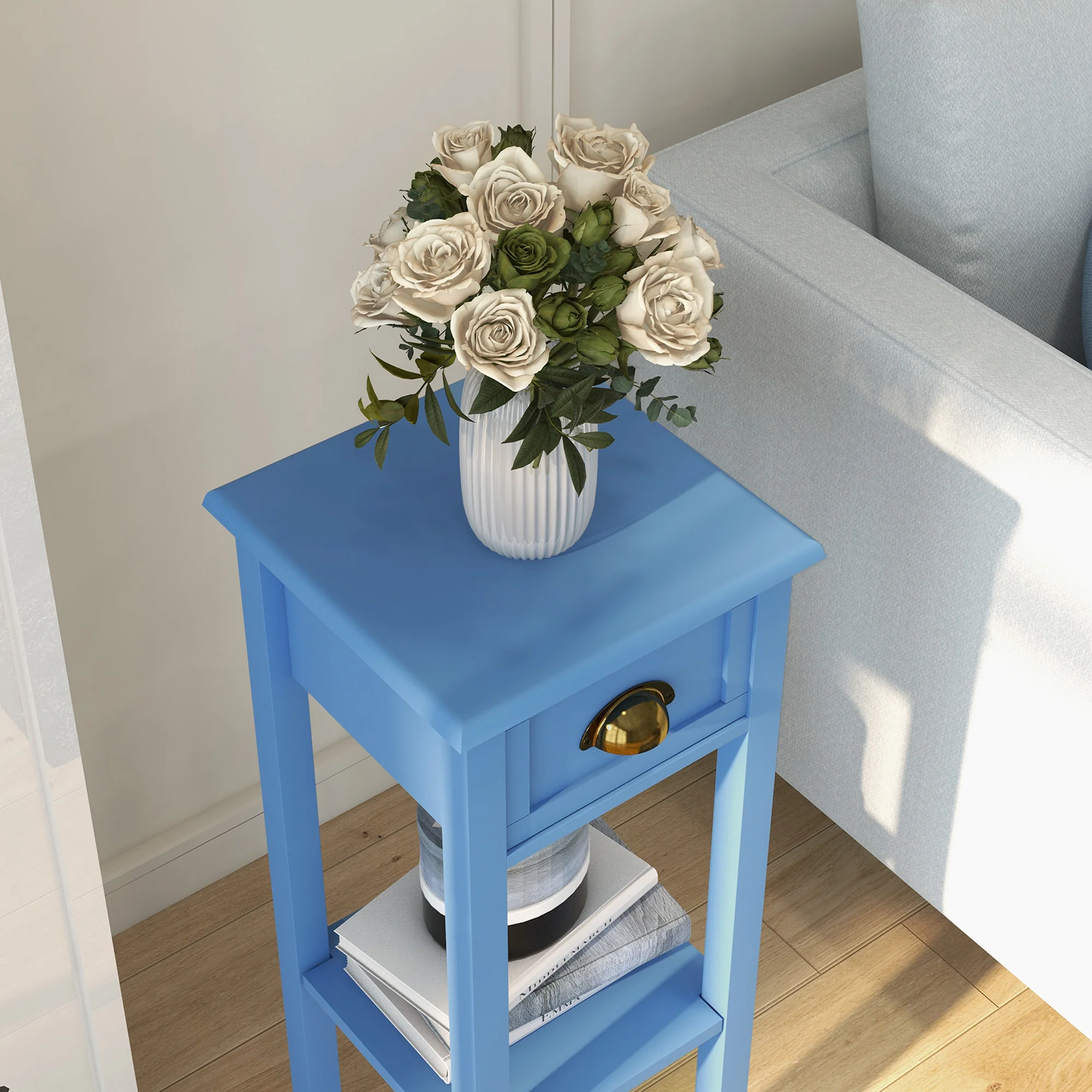2 Tier Side Table with Drawer and Shelf End Table for Living Room and Hallway Light Blue - Image 9