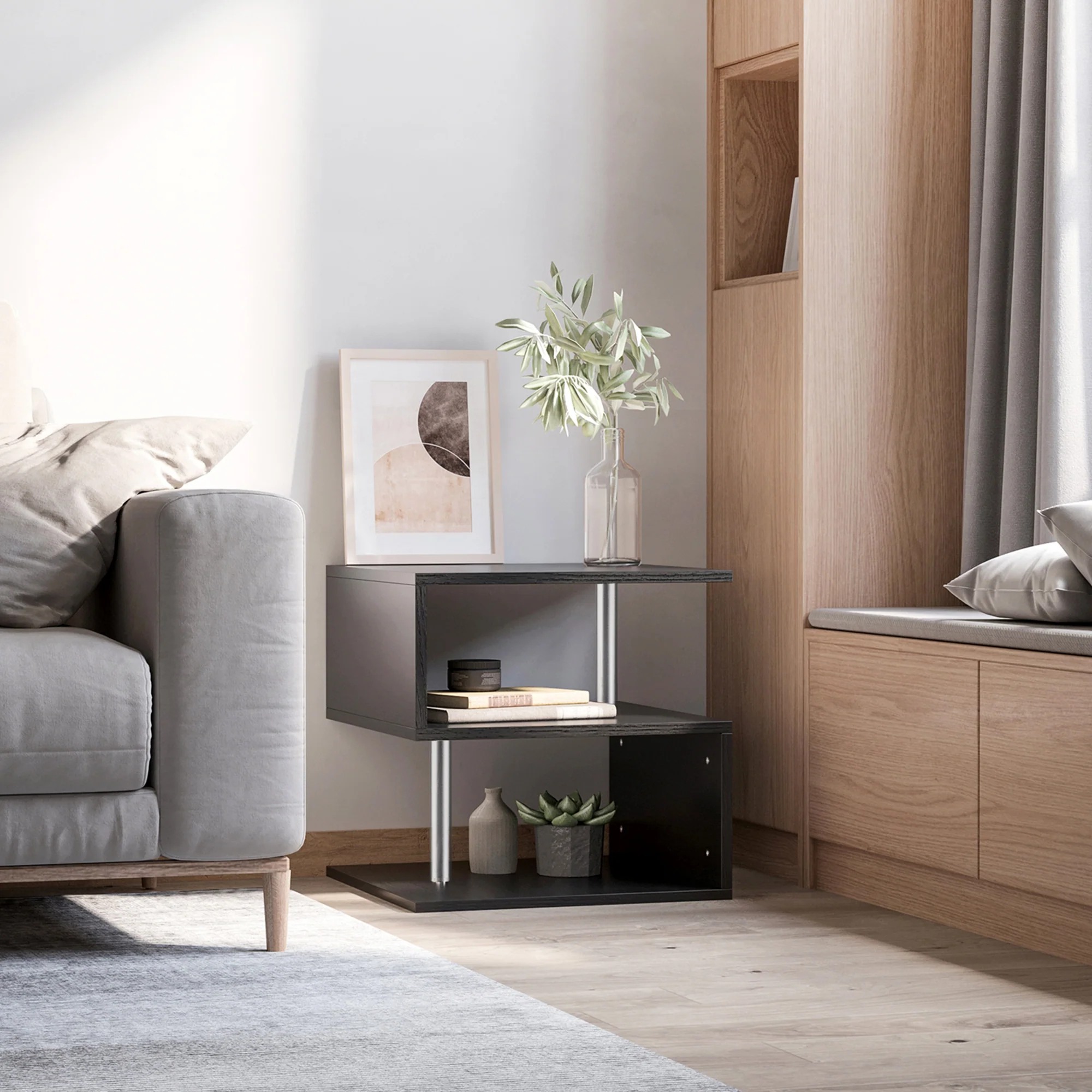 20 Modern End Table Accent Side Table S Shaped Coffee Table With Storage Black - Image 3