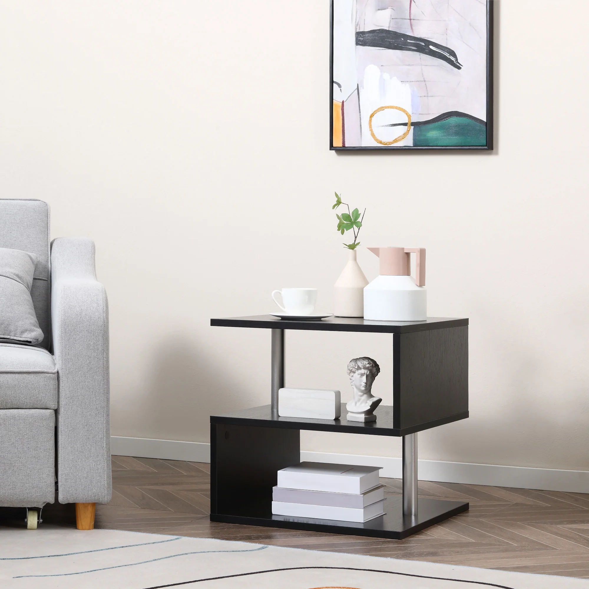 20 Modern End Table Accent Side Table S Shaped Coffee Table With Storage Black - Image 4