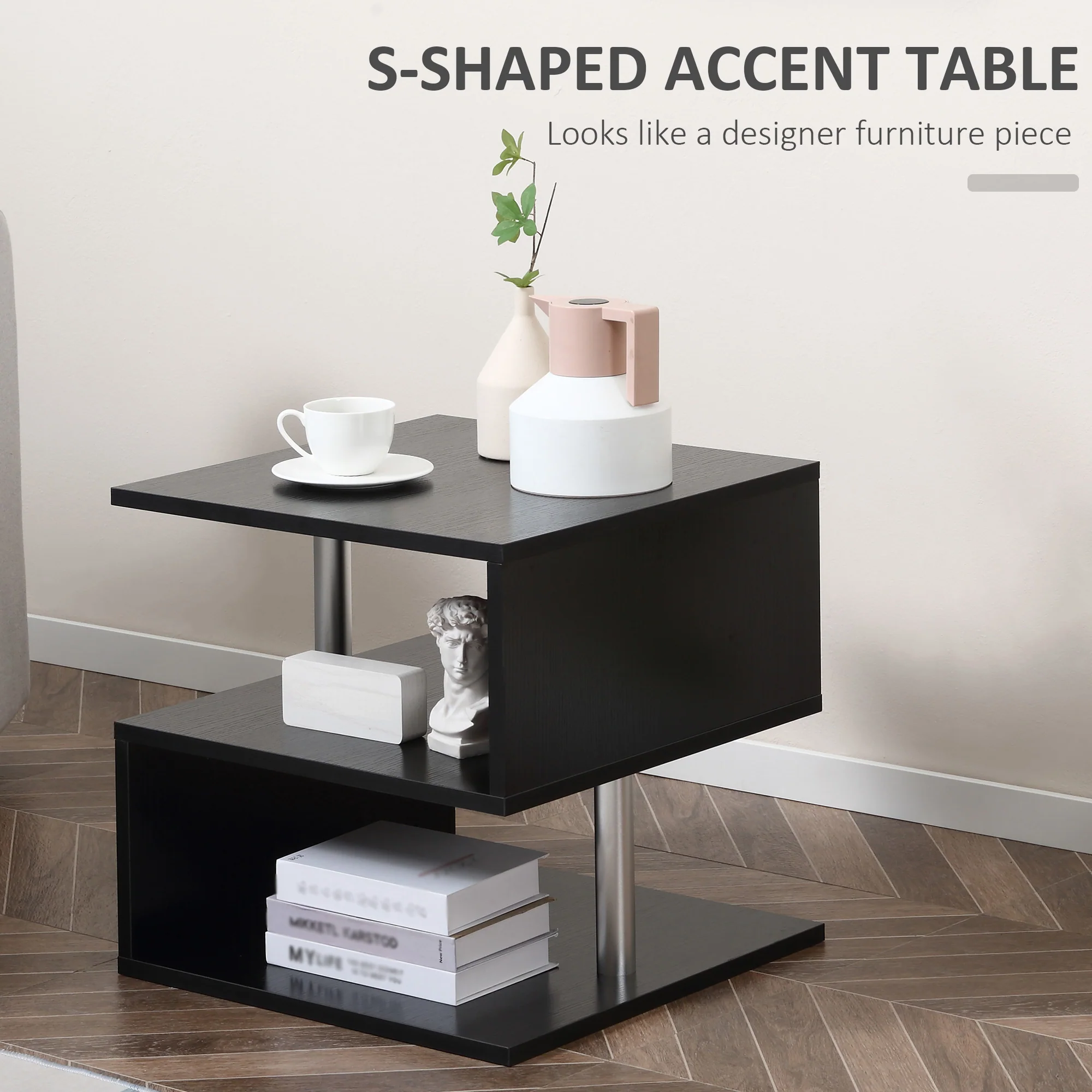 20 Modern End Table Accent Side Table S Shaped Coffee Table With Storage Black - Image 6