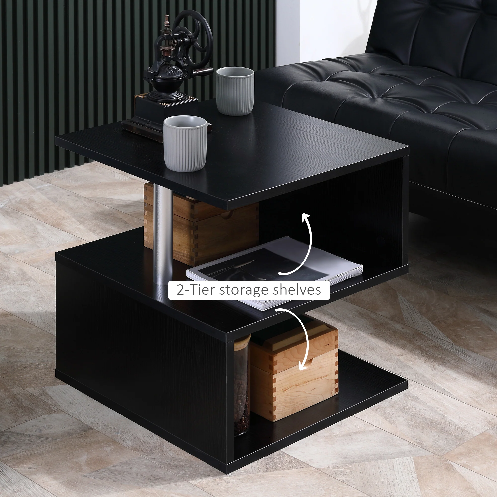 20 Modern End Table Accent Side Table S Shaped Coffee Table With Storage Black - Image 7