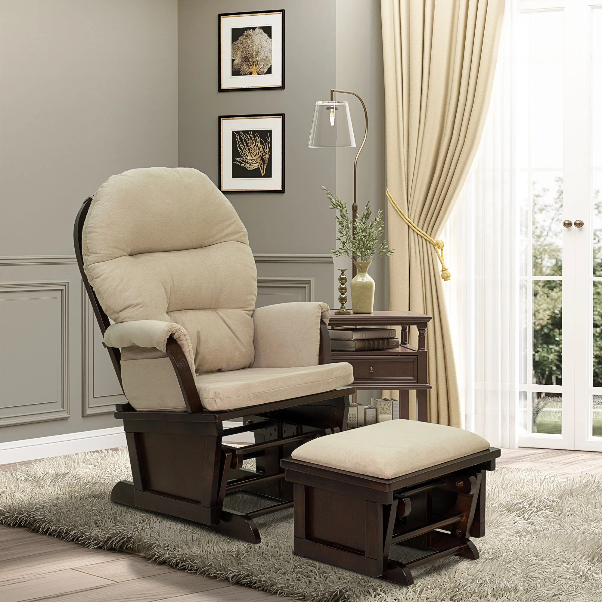 Nursery Glider Rocking Chair with Ottoman Thick Padded Cushion Seating and Wood Base Beige - Image 3
