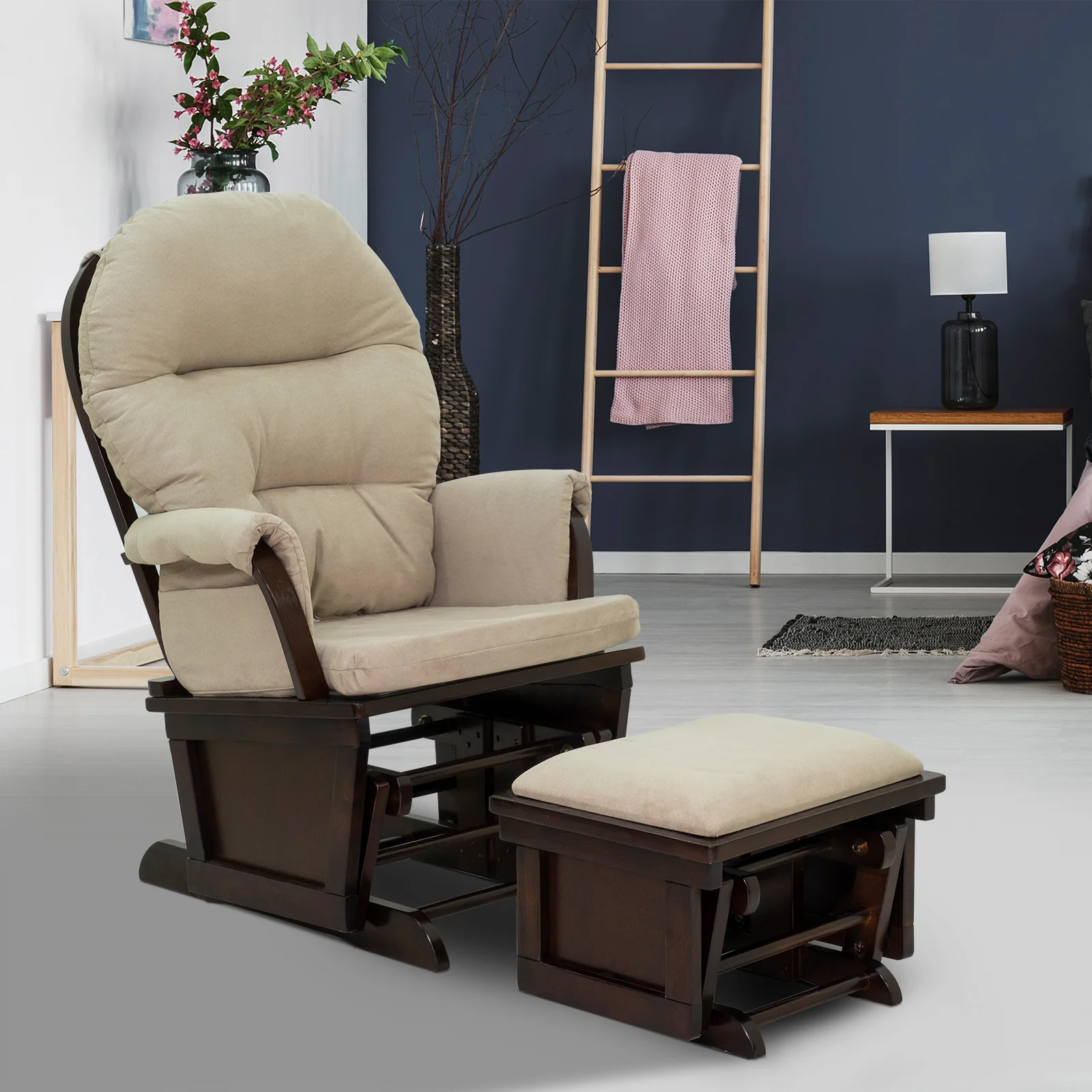 Nursery Glider Rocking Chair with Ottoman Thick Padded Cushion Seating and Wood Base Beige - Image 4