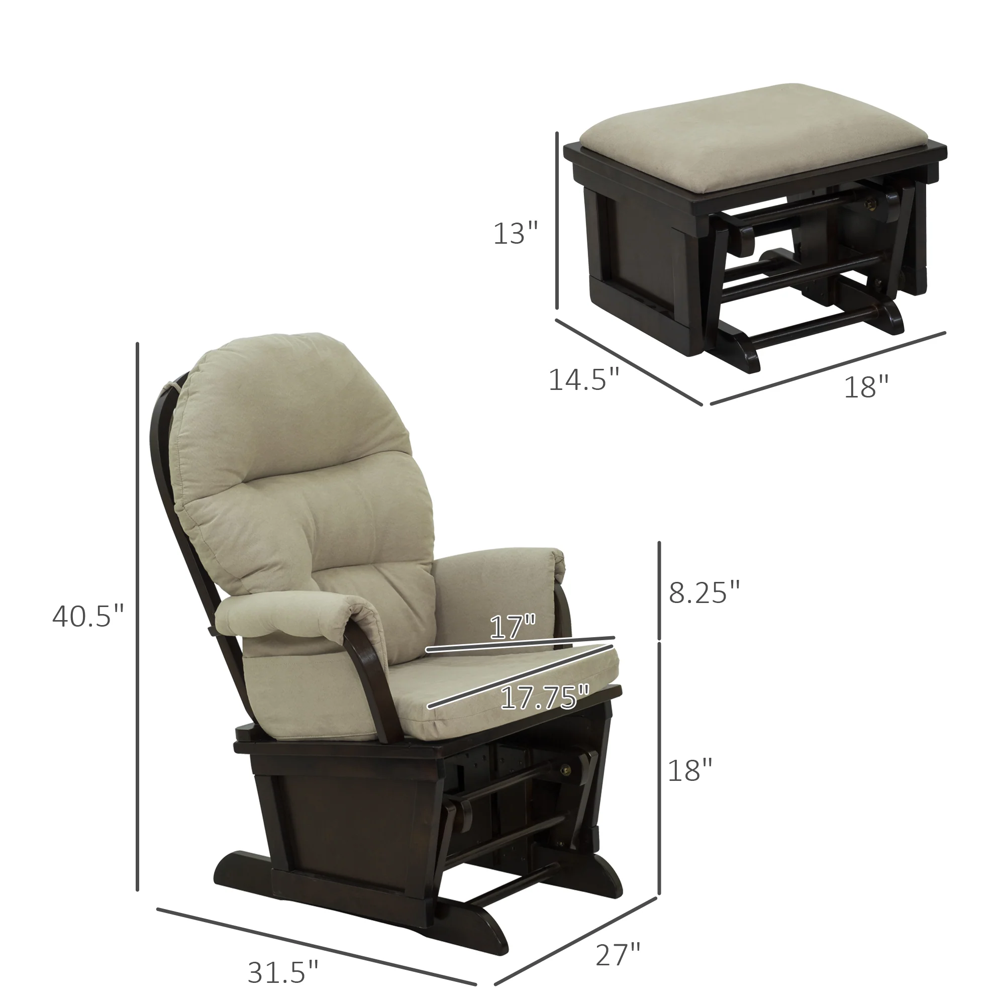 Nursery Glider Rocking Chair with Ottoman Thick Padded Cushion Seating and Wood Base Beige - Image 5